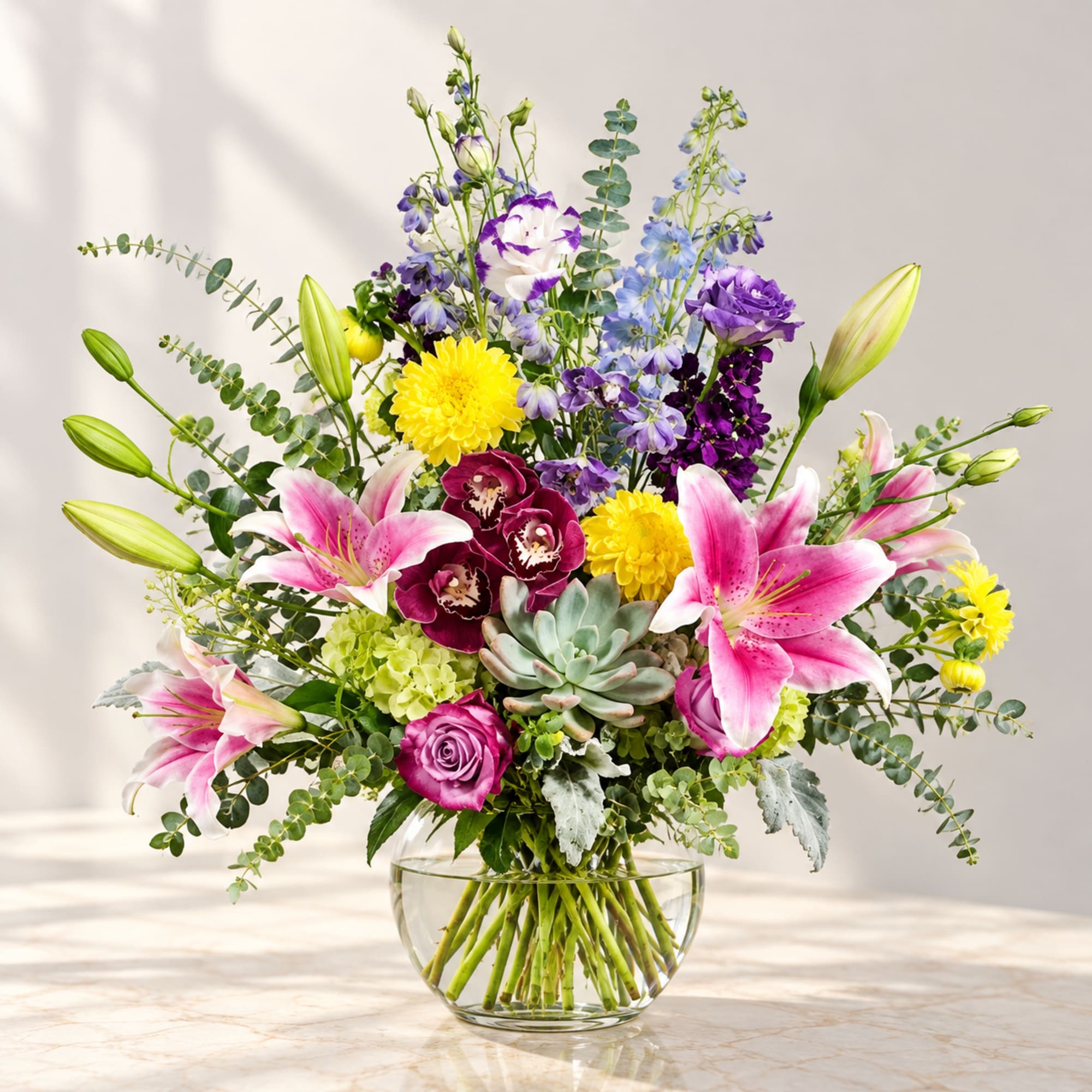 Mixed bouquet in a clear glass vase with lilies, roses, and purple blooms