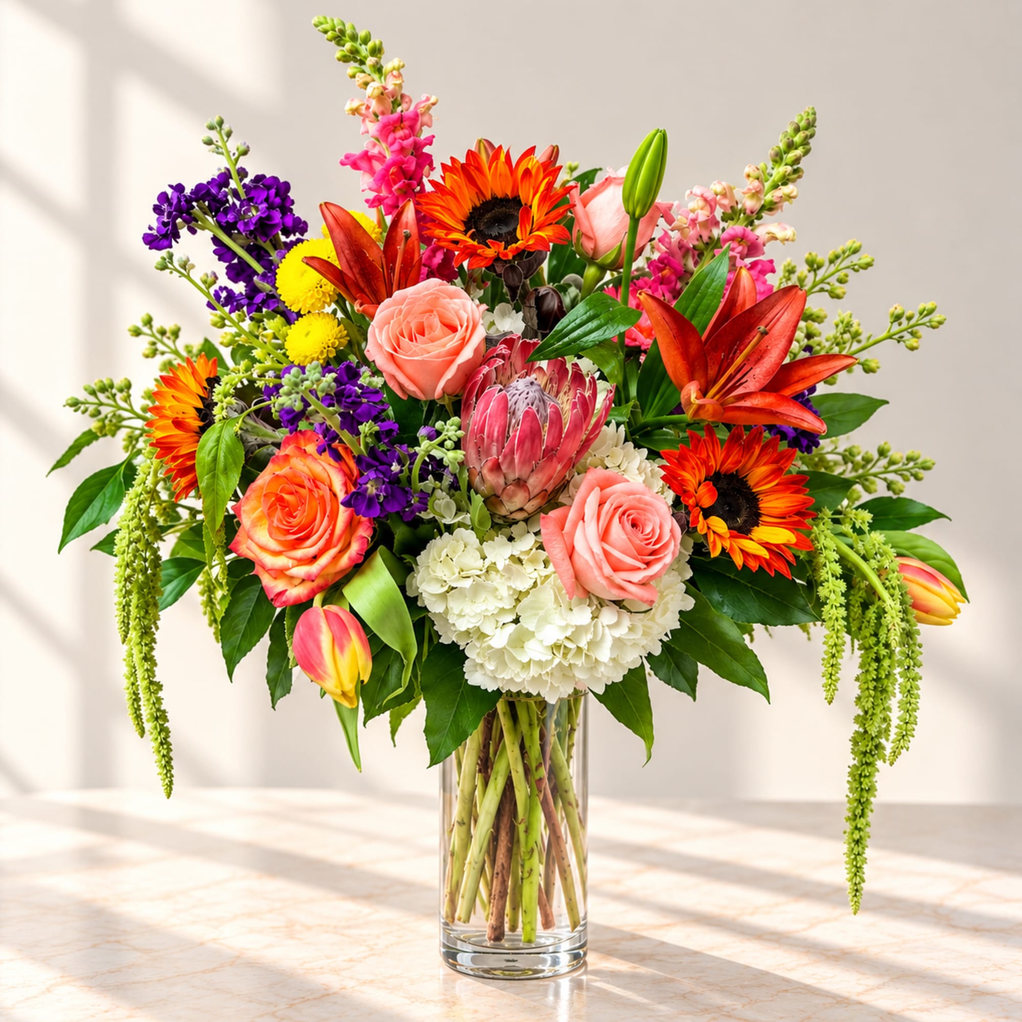 Colorful mixed bouquet in a clear glass vase with roses and lilies