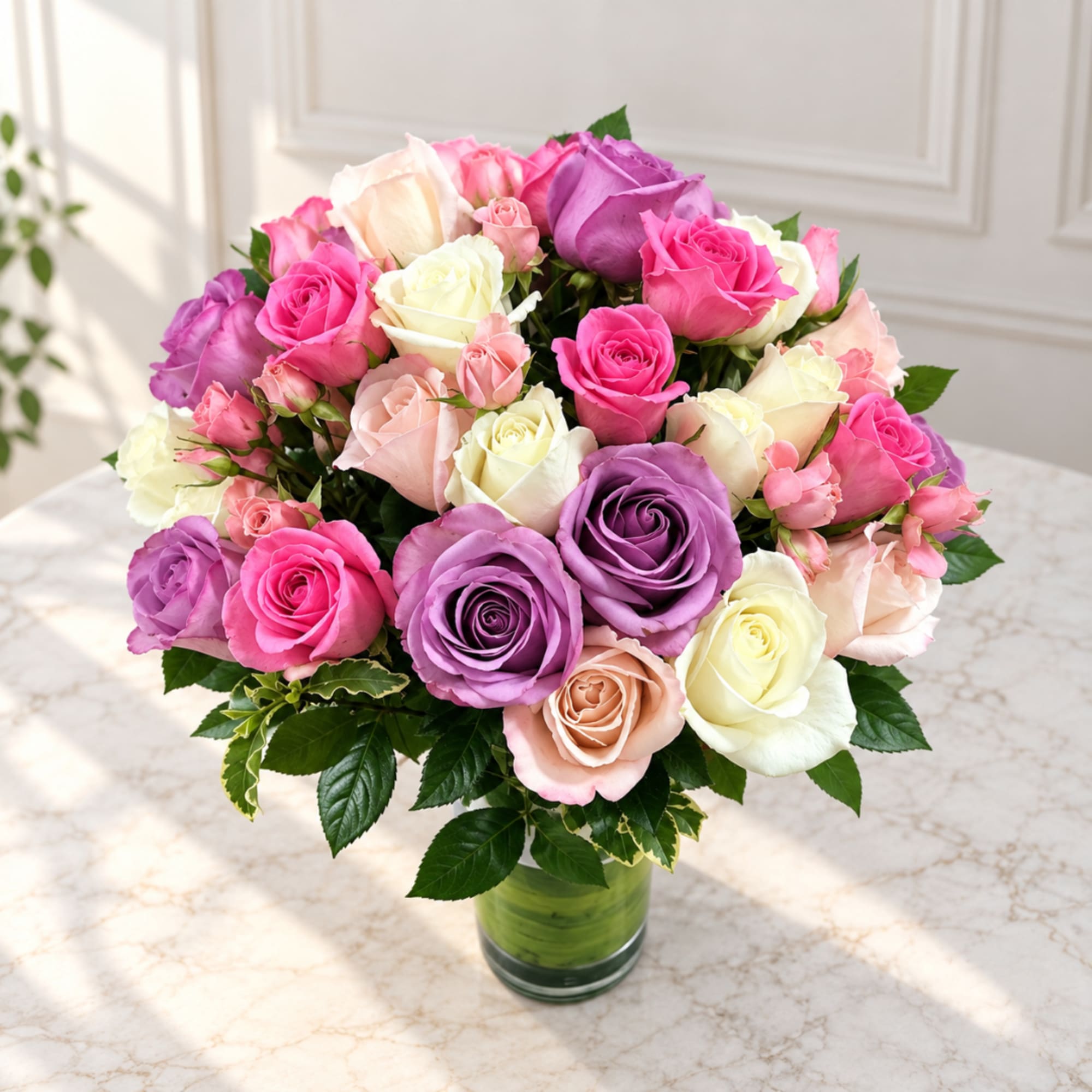 Bouquet of pink, purple, and white roses in a clear glass vase