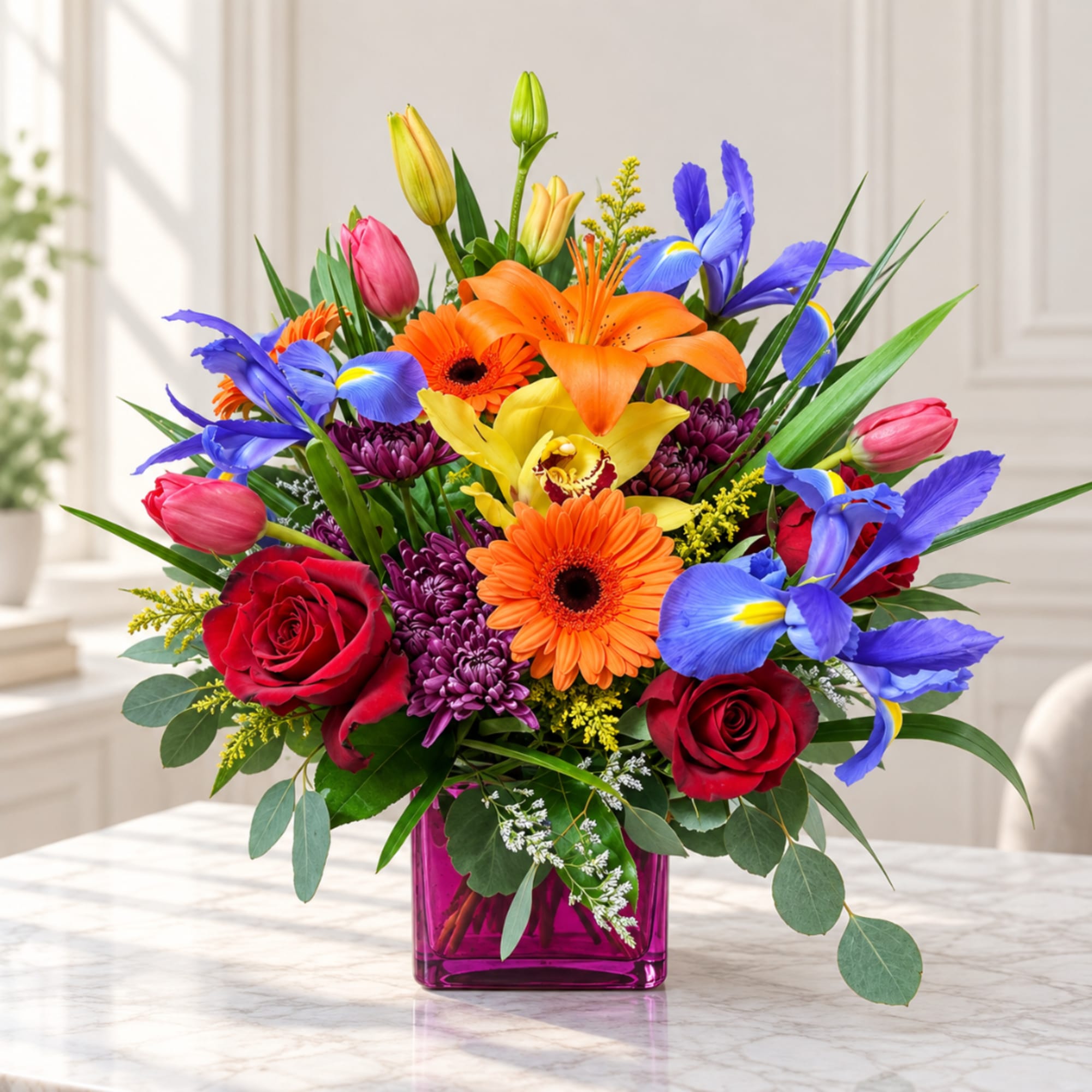 Colorful mixed bouquet in a magenta glass vase with roses, lilies, irises, and gerbera daisies