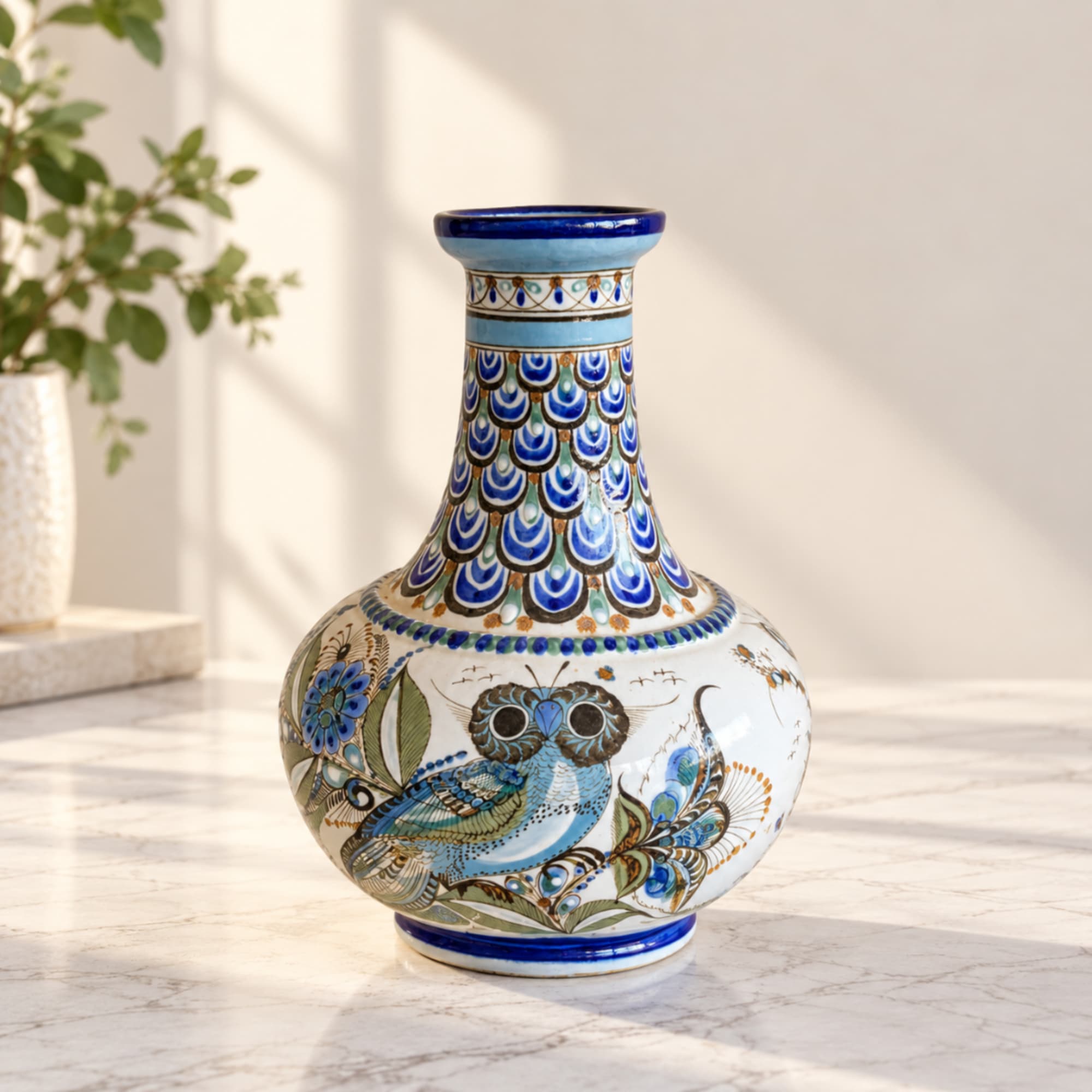 Decorative blue and white ceramic vase with owl and floral patterns