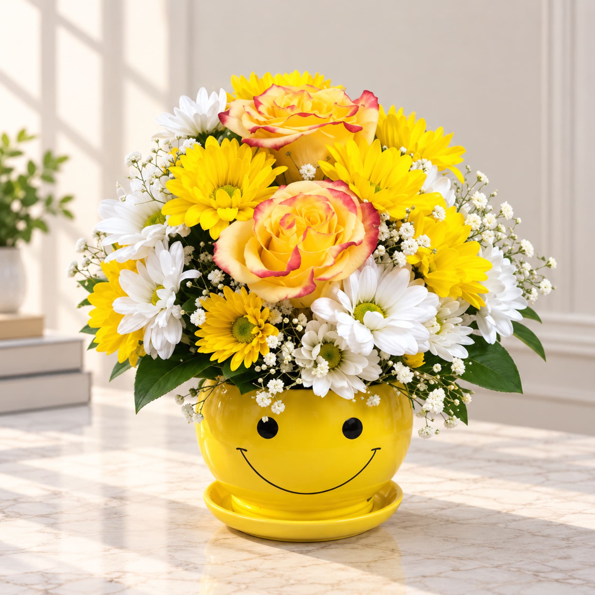 Yellow and white flower arrangement in a smiley-face pot
