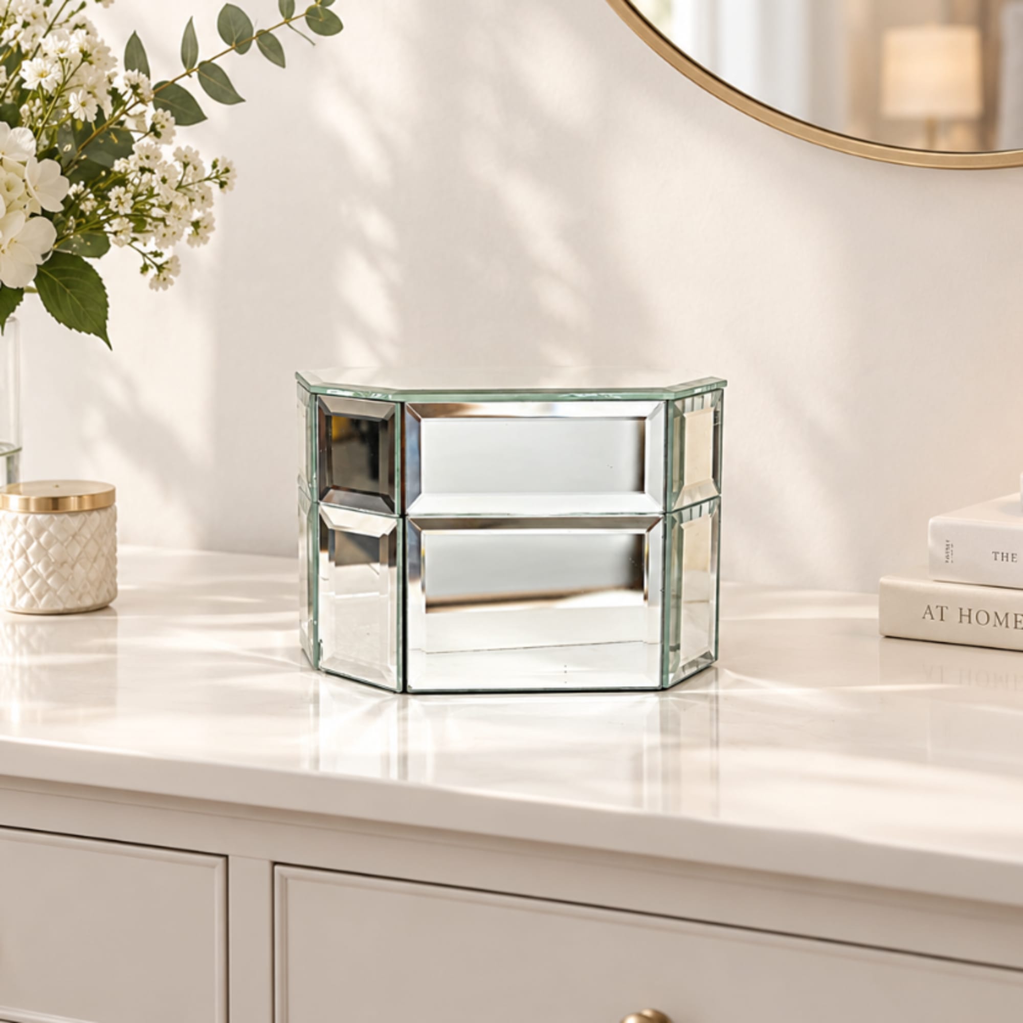 Mirrored glass vase on a white tabletop with white flowers at left