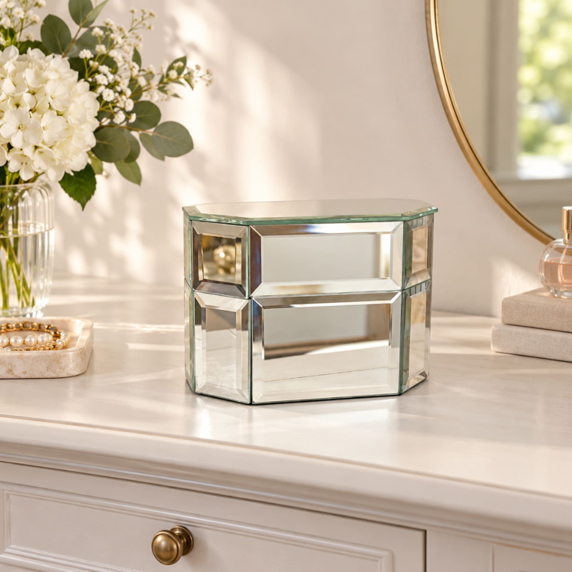 Mirrored glass tabletop box on a dresser beside a white floral arrangement