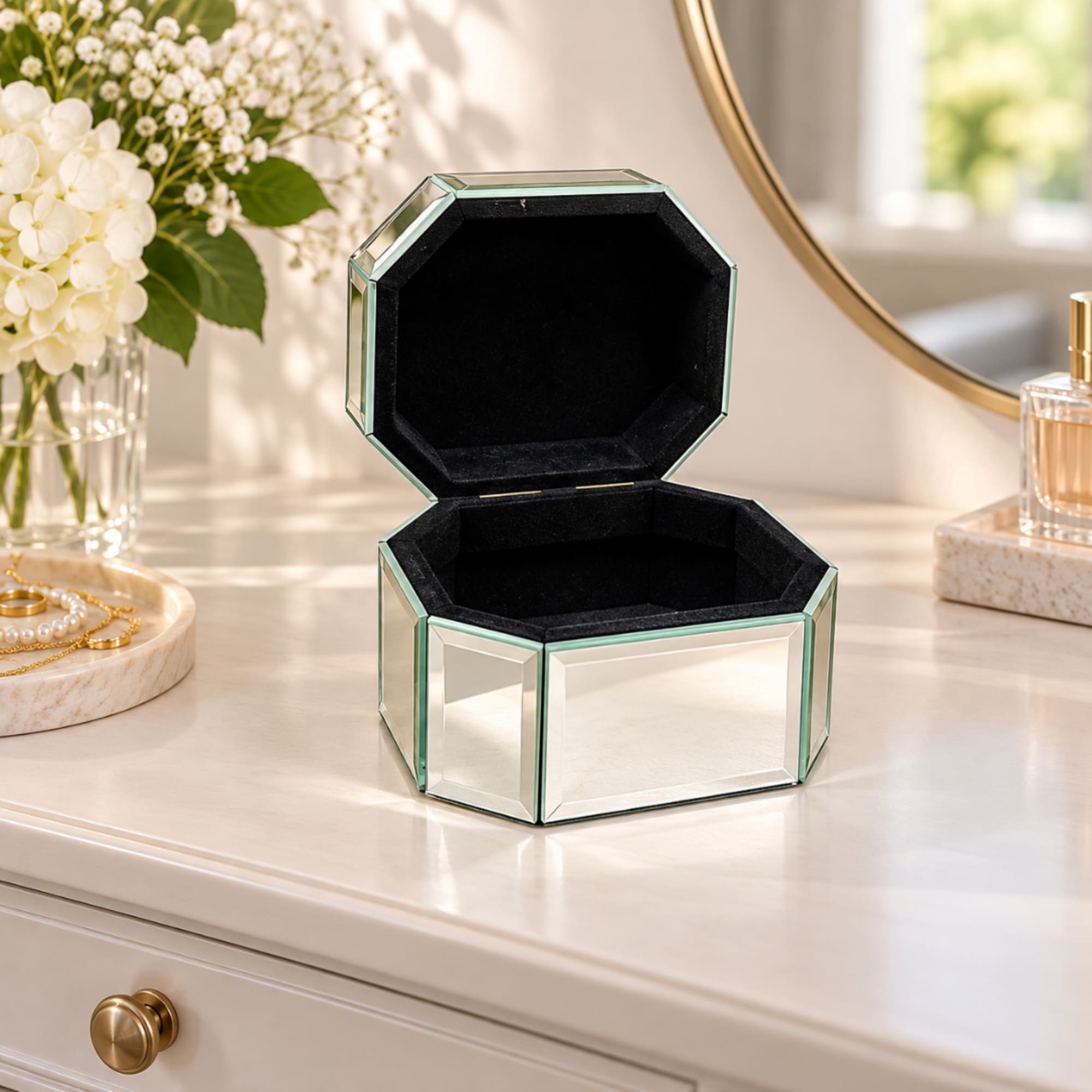 Octagonal mirrored jewelry box with an open lid on a vanity