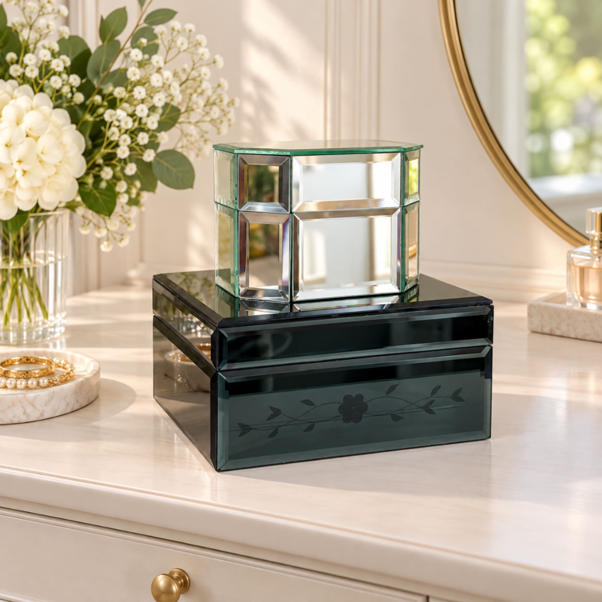Glass jewelry box on a vanity beside a vase of white flowers