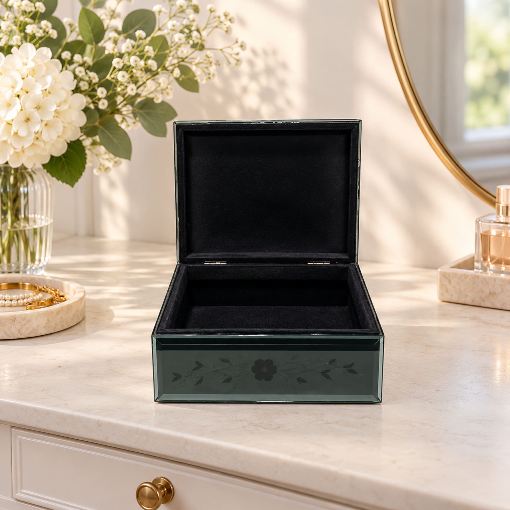 Open black keepsake box on a vanity beside a white floral arrangement