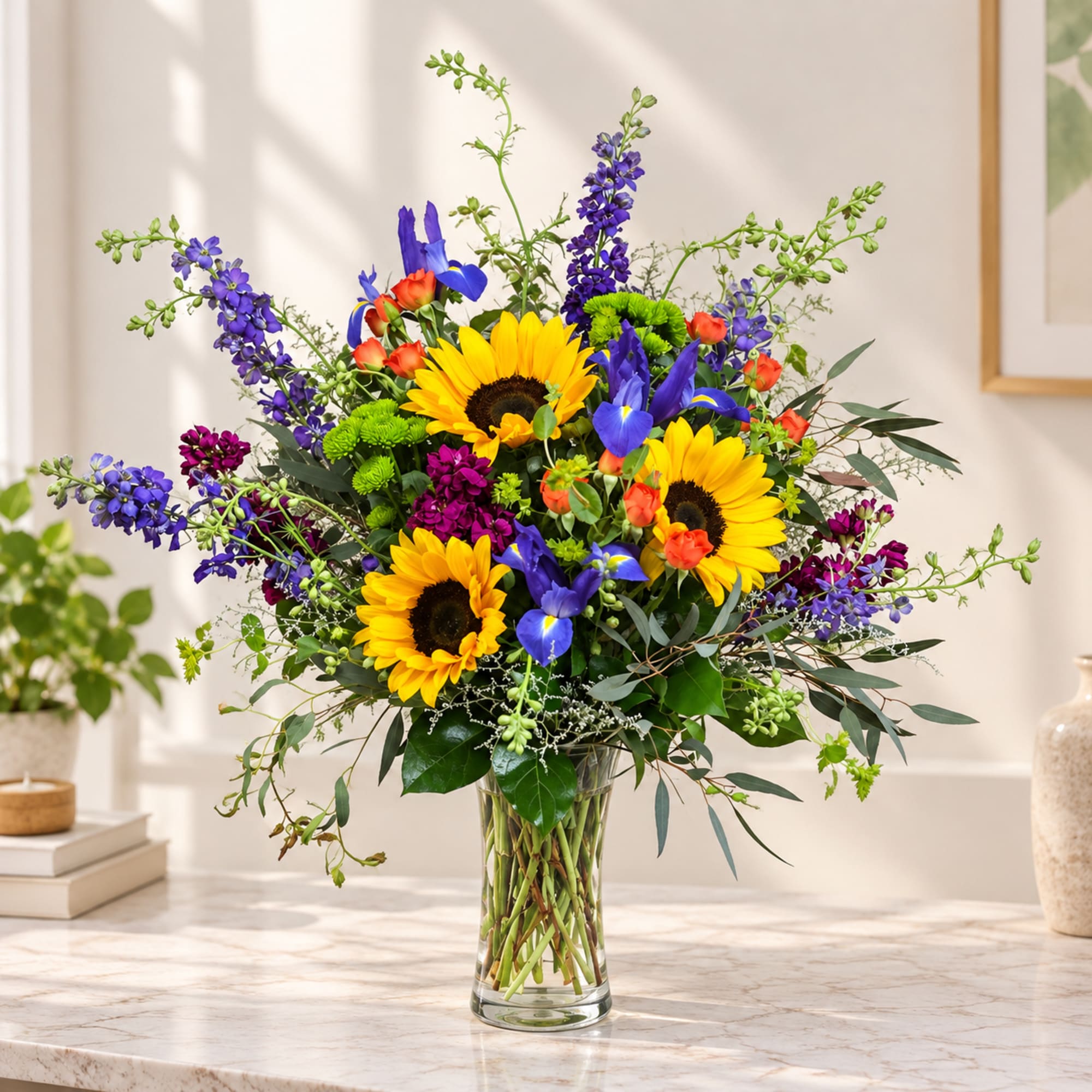 Bouquet of sunflowers, purple irises, and mixed blooms in a clear glass vase