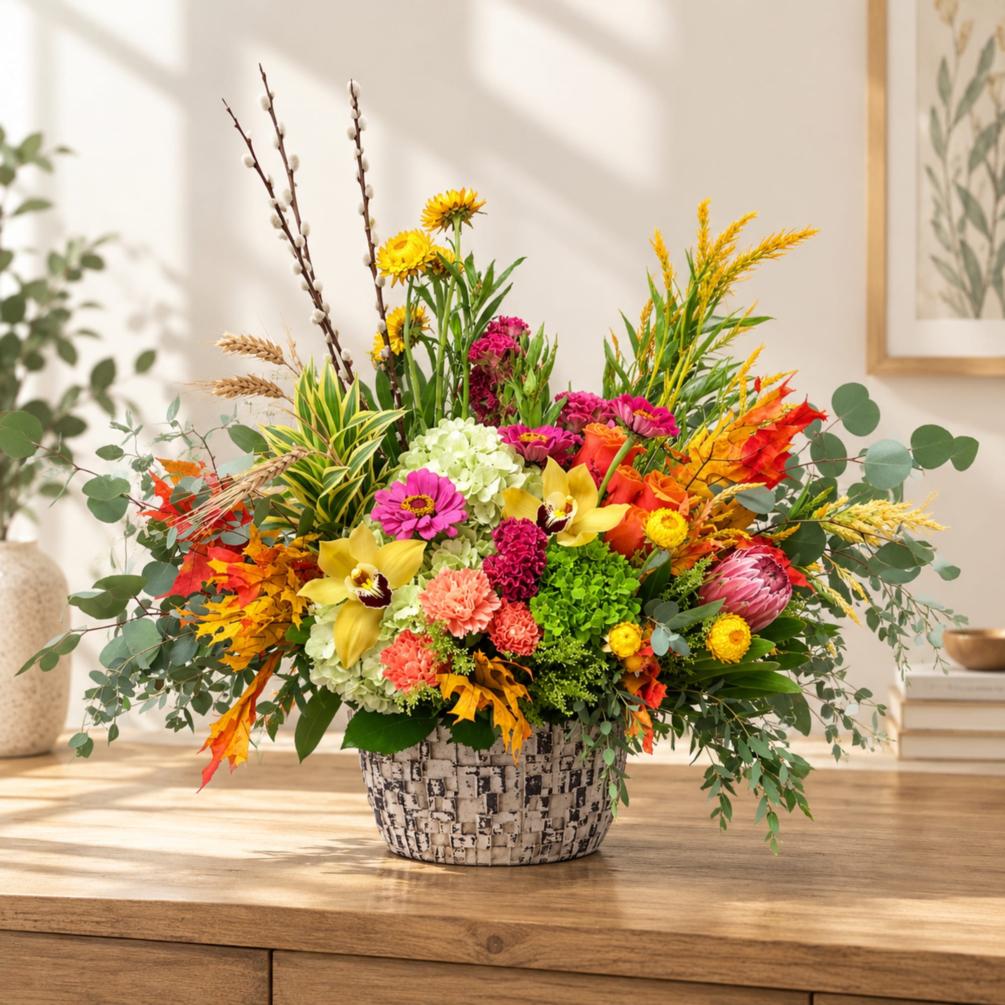 Colorful mixed flower arrangement in a woven basket on a table