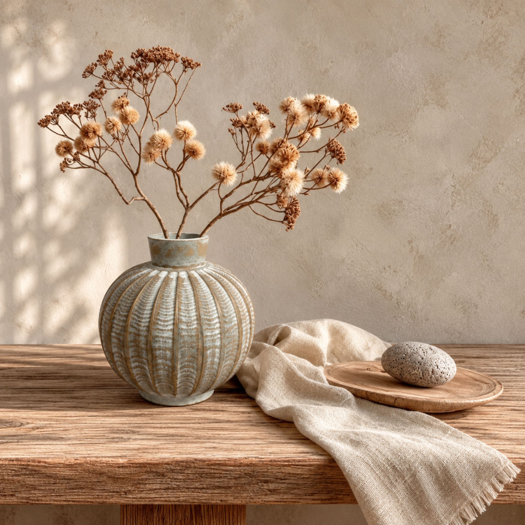 Dried flower stems in a ribbed ceramic vase on a wooden table