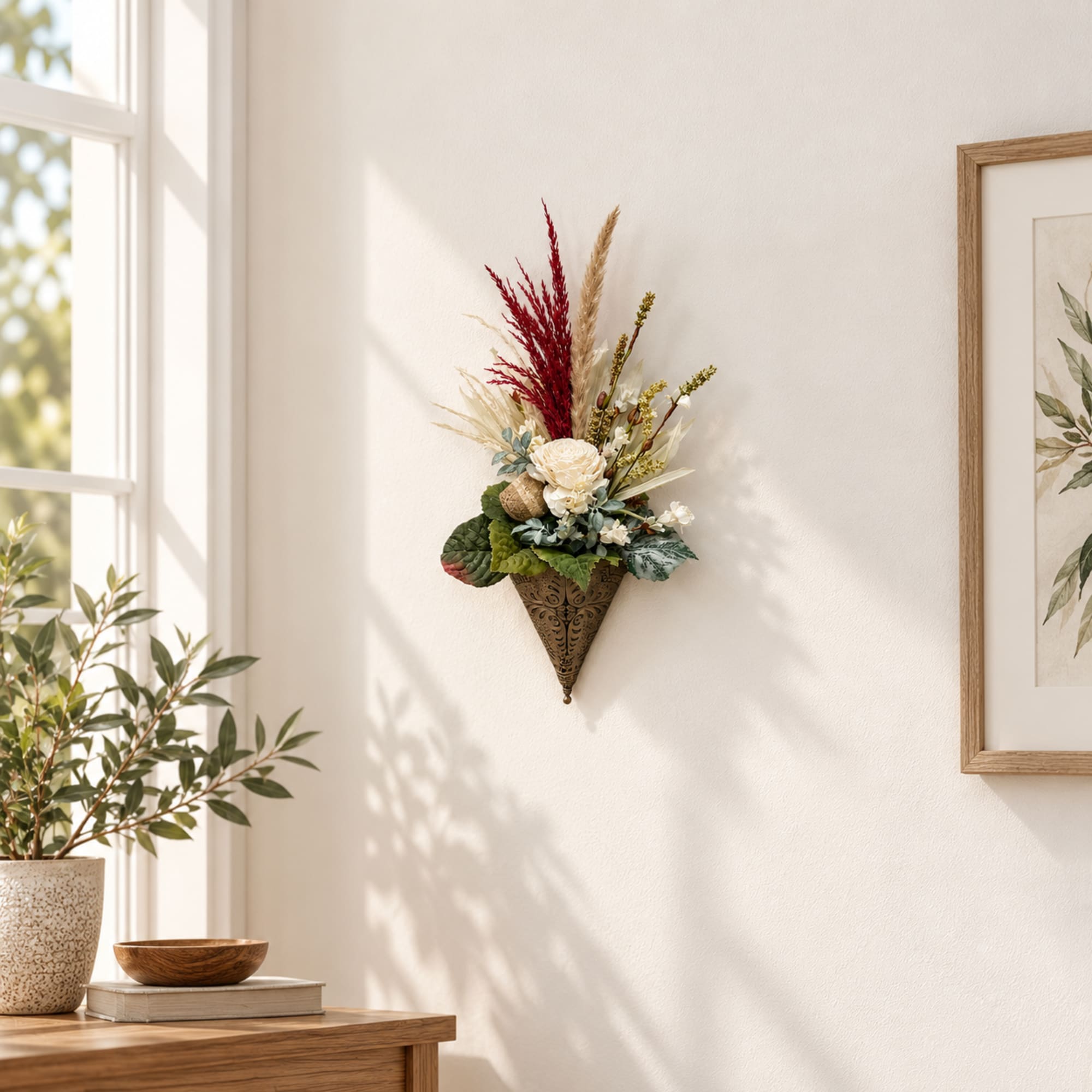 Wall-mounted floral arrangement with cream blooms and red dried grasses