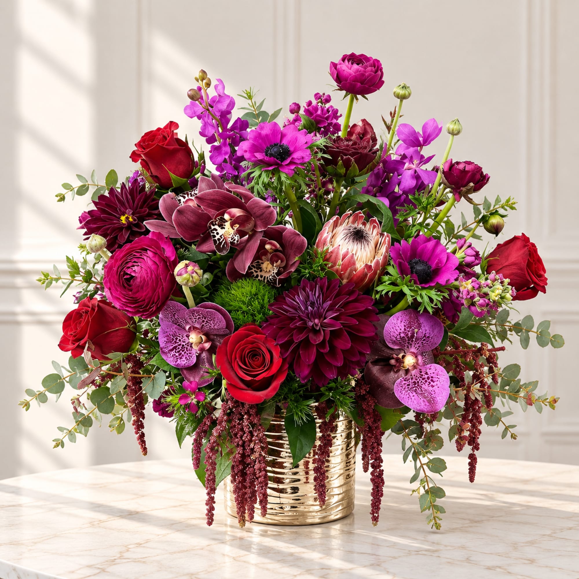 Mixed bouquet of red, pink, and purple flowers in a gold vase