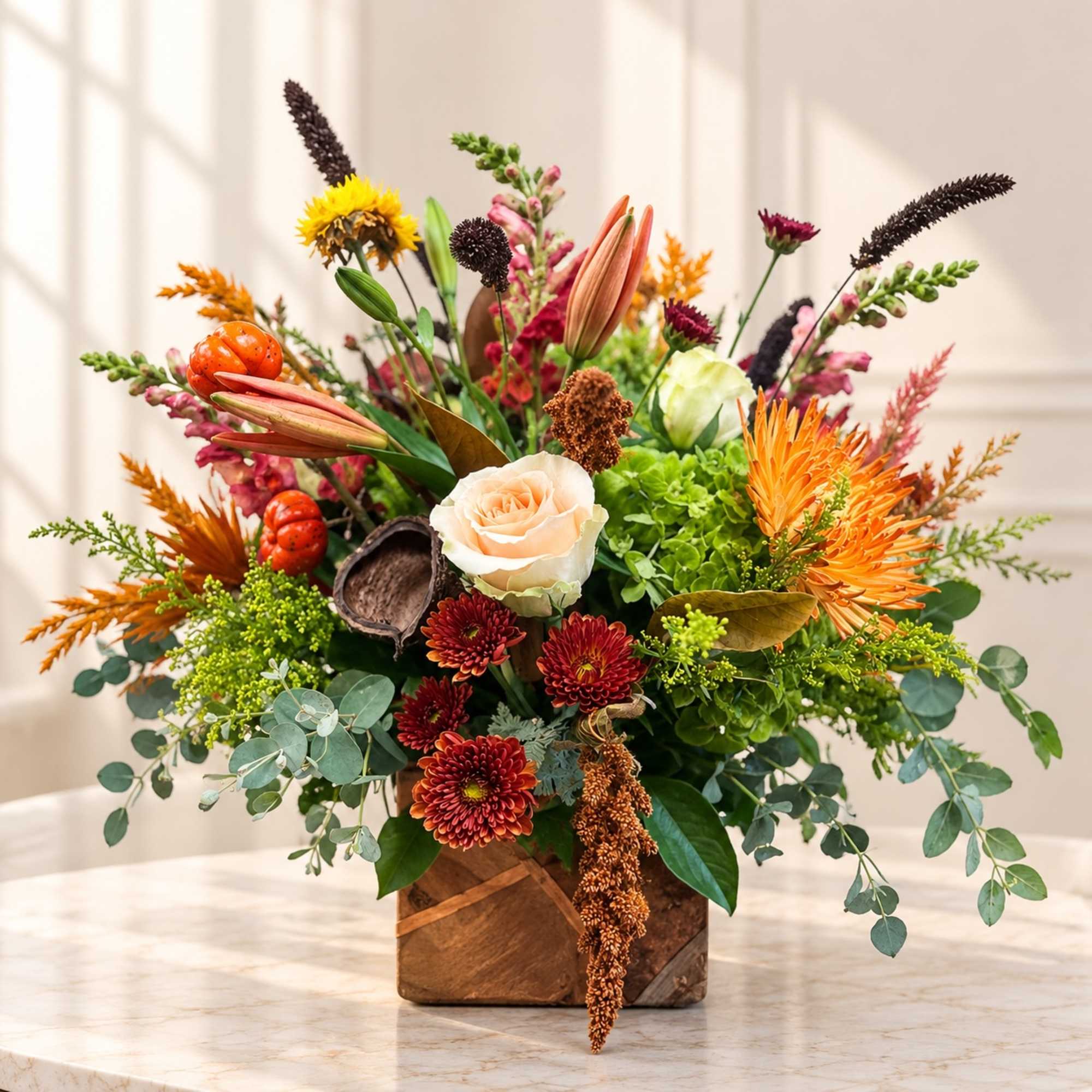 Mixed floral arrangement in a wooden container with peach, orange, and red blooms