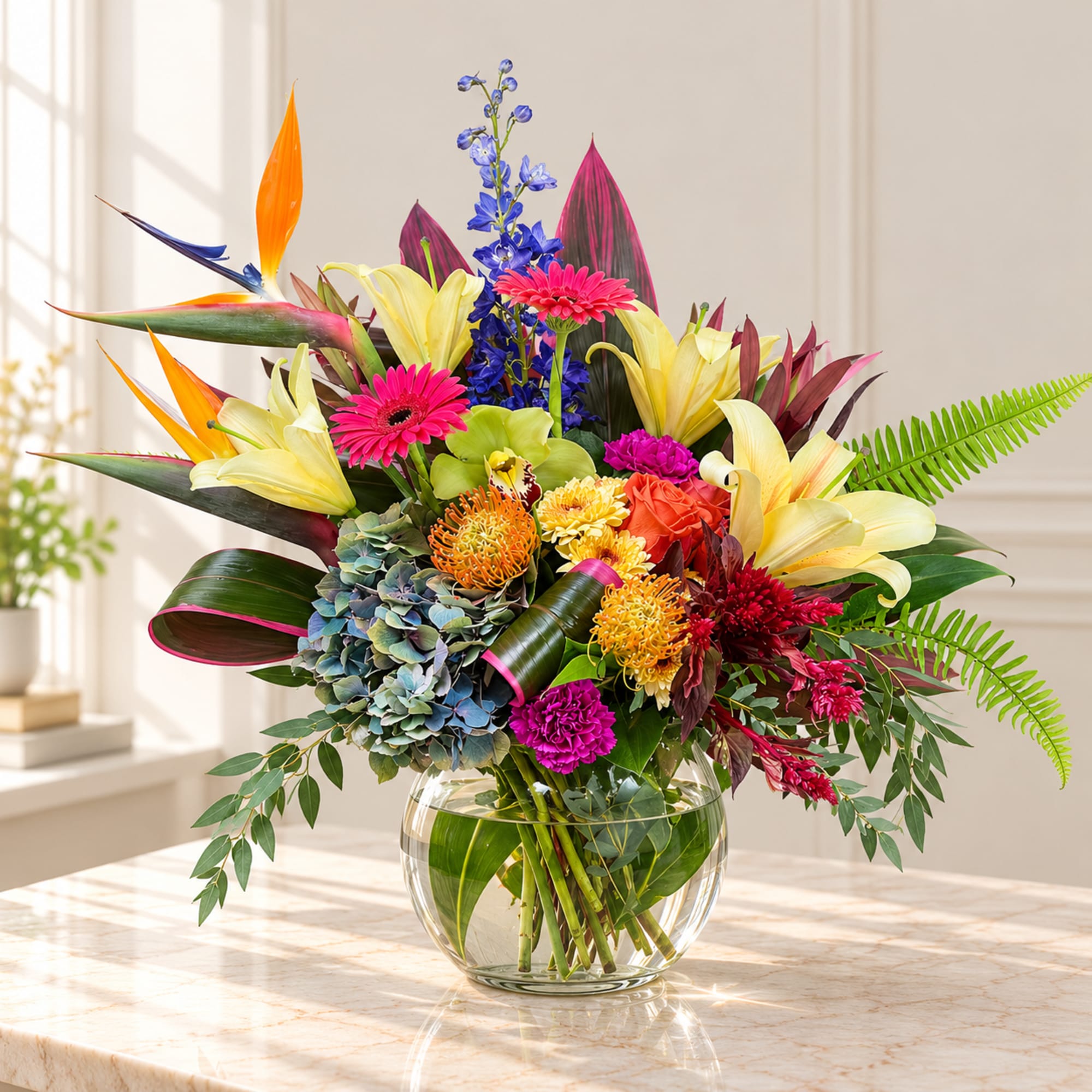 Colorful mixed bouquet in a clear glass bowl vase