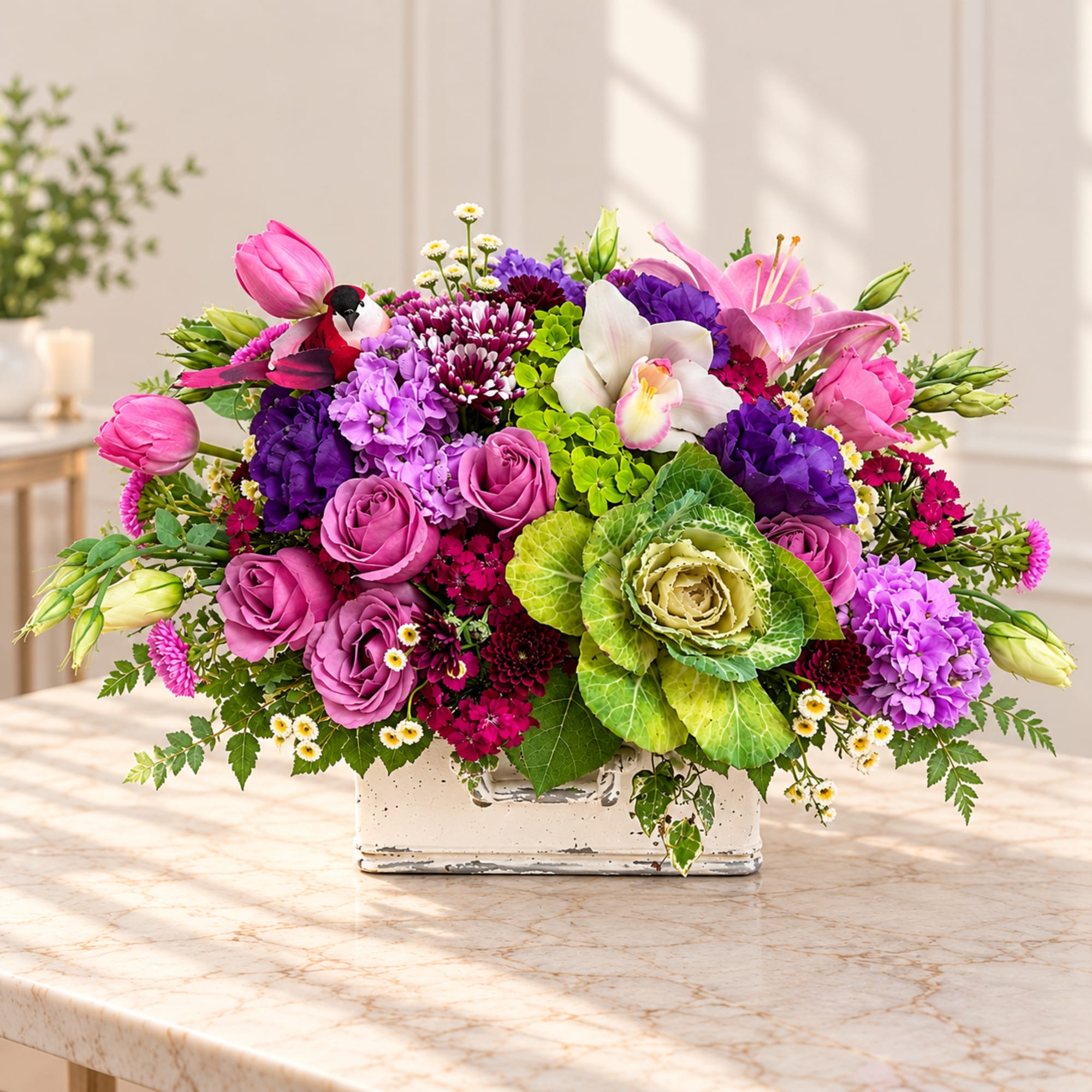 Colorful mixed flower arrangement in a white rectangular vase