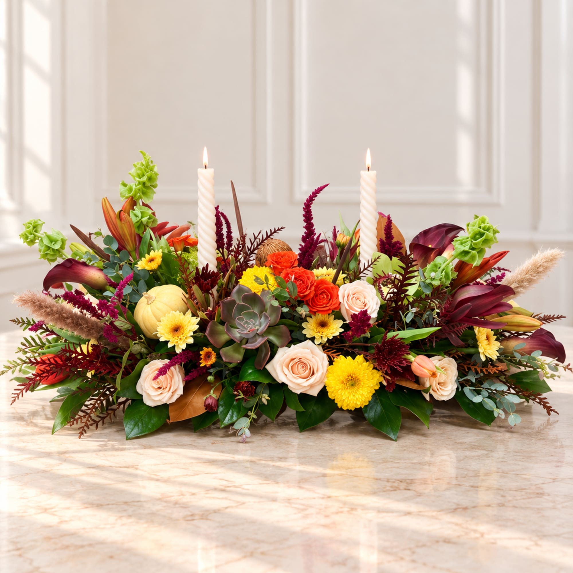 Low floral centerpiece with candles, roses, succulents, and autumn blooms