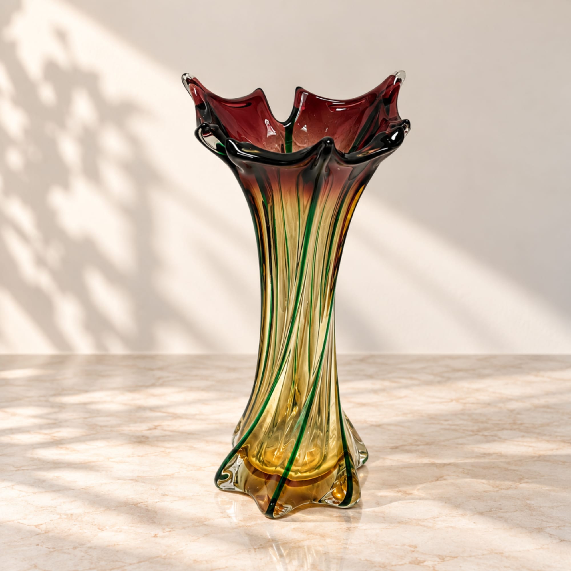Tall multicolor glass vase with a flared ruffled rim