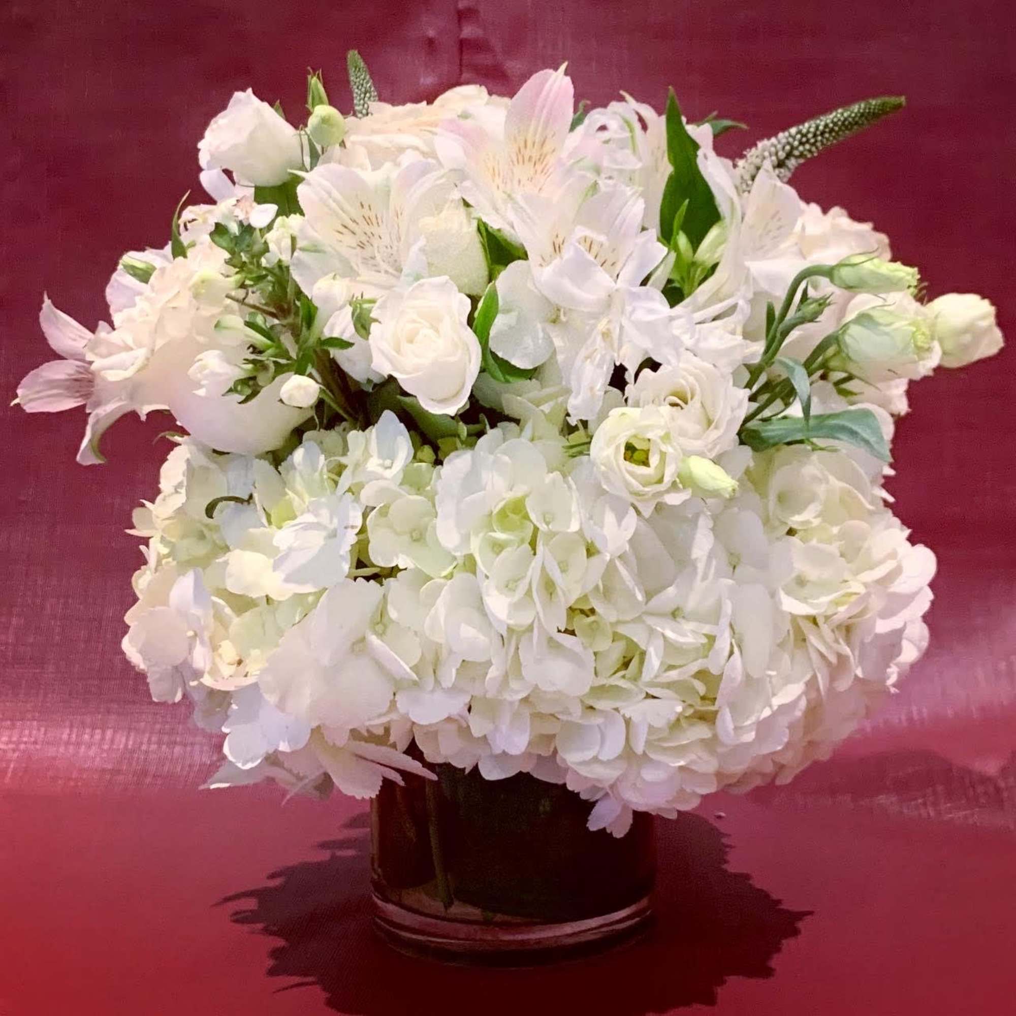 White floral arrangement in a glass vase on a burgundy background