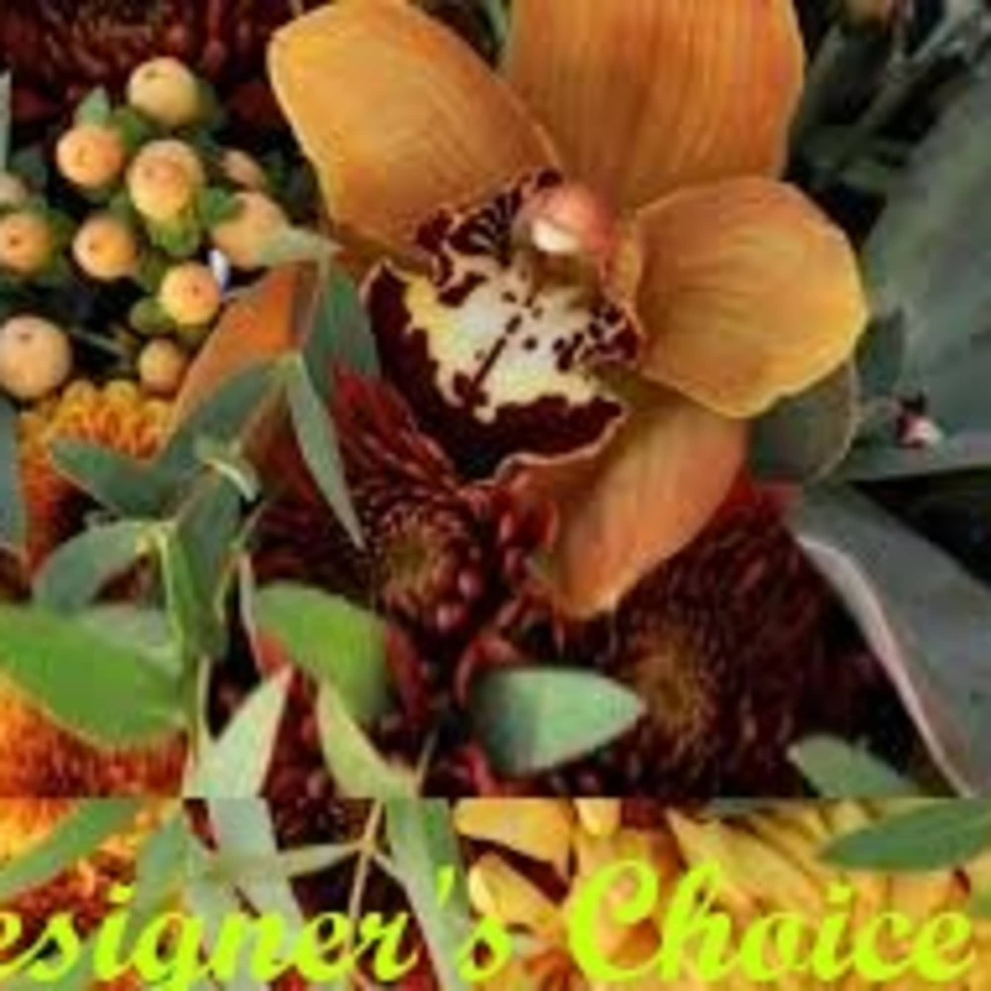 Orange orchid and autumn mums with eucalyptus foliage