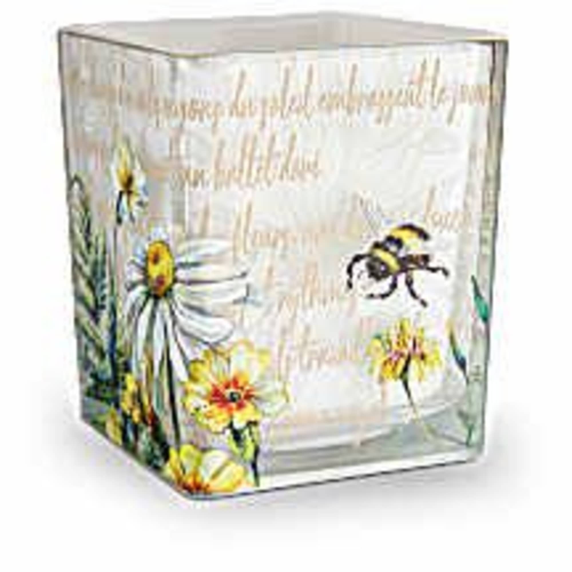 Square glass container with illustrated daisies, yellow flowers, and a bumblebee design.