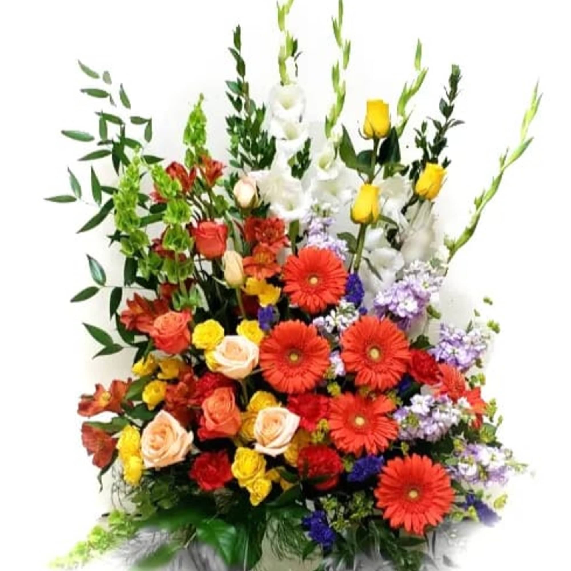 Tall mixed bouquet with red gerberas, roses, and white lilies