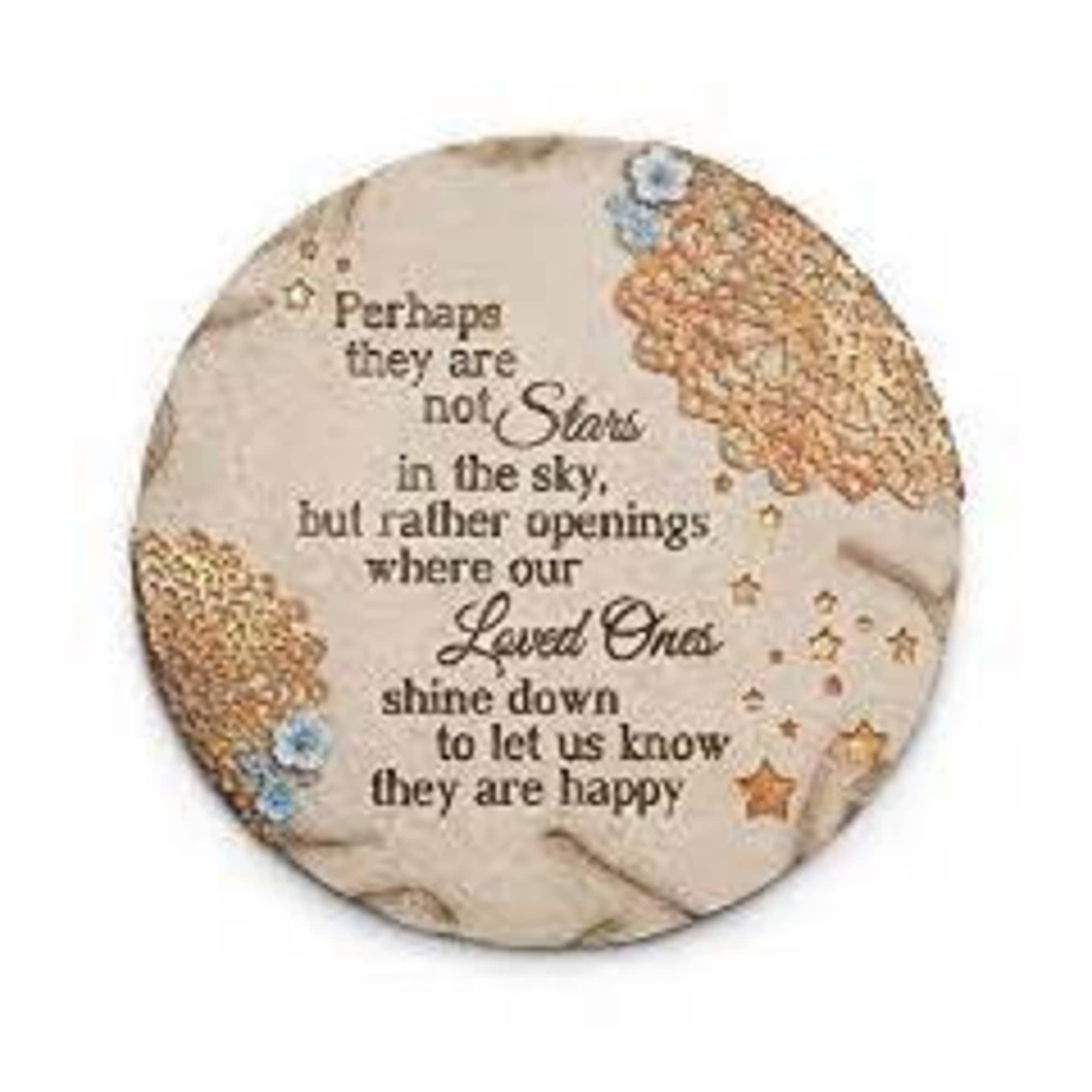 Round memorial plaque with a quote and star decorations