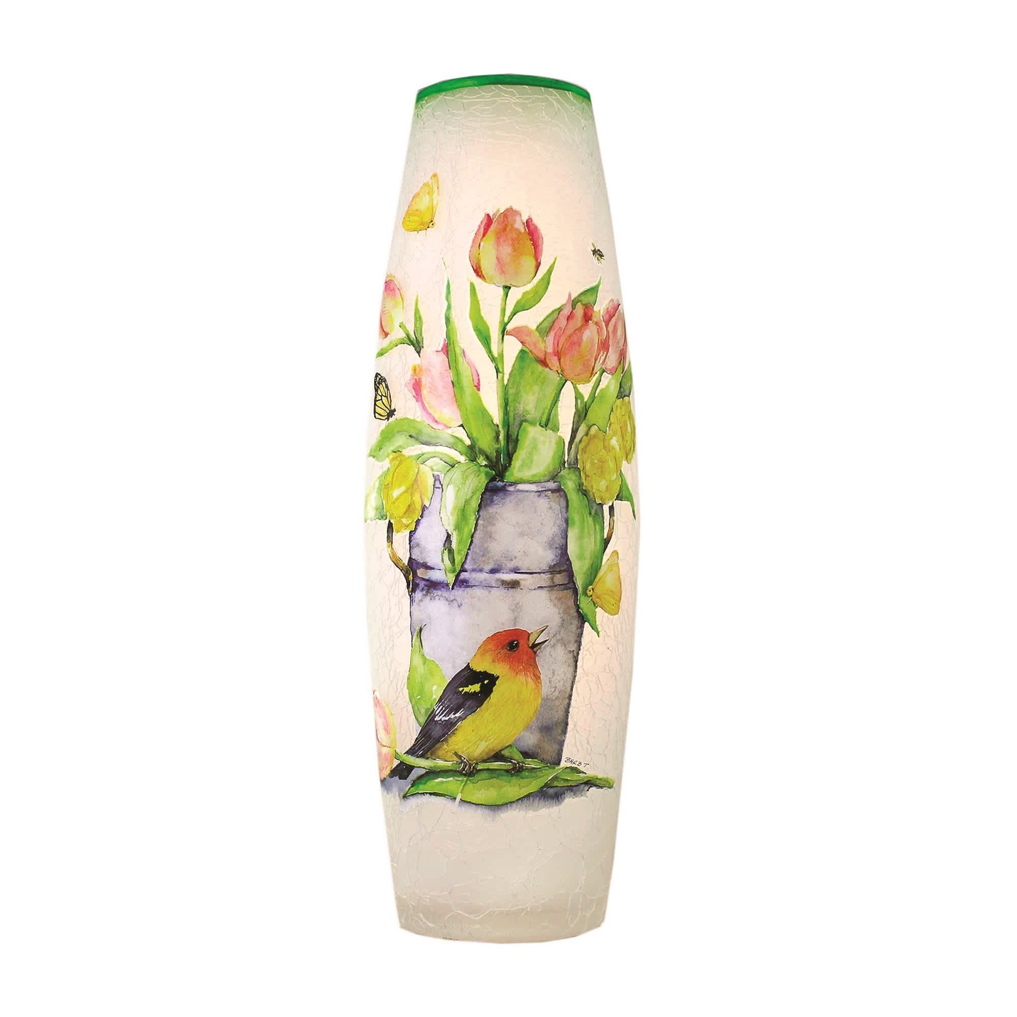 Tall decorative vase with painted tulips and a bird