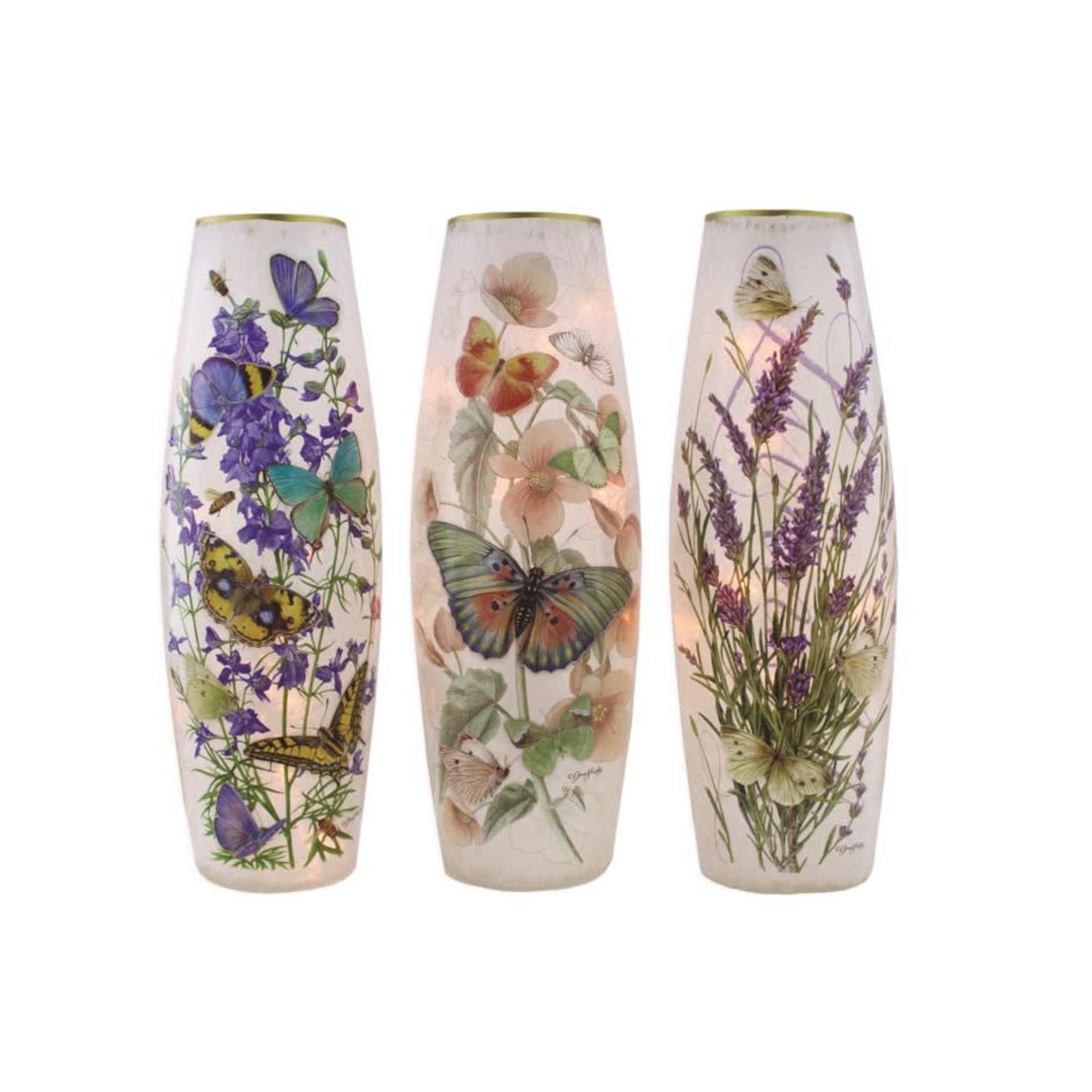 Three butterfly-patterned glass vases with floral designs