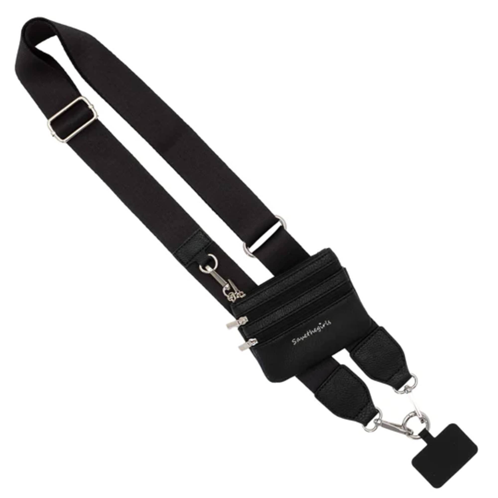Black crossbody strap with a small zip pouch and metal clips