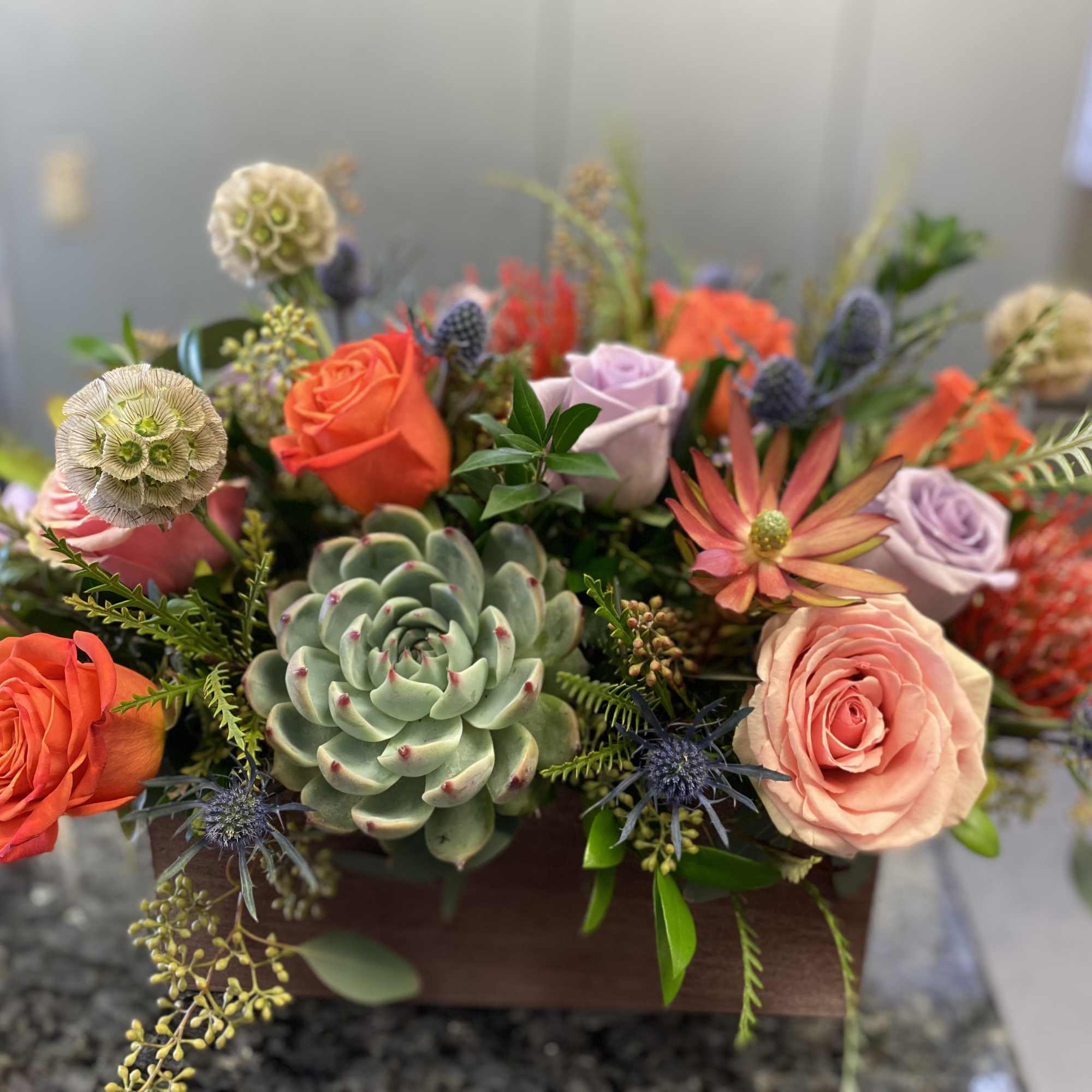 Mixed bouquet with roses and a large succulent in a low container