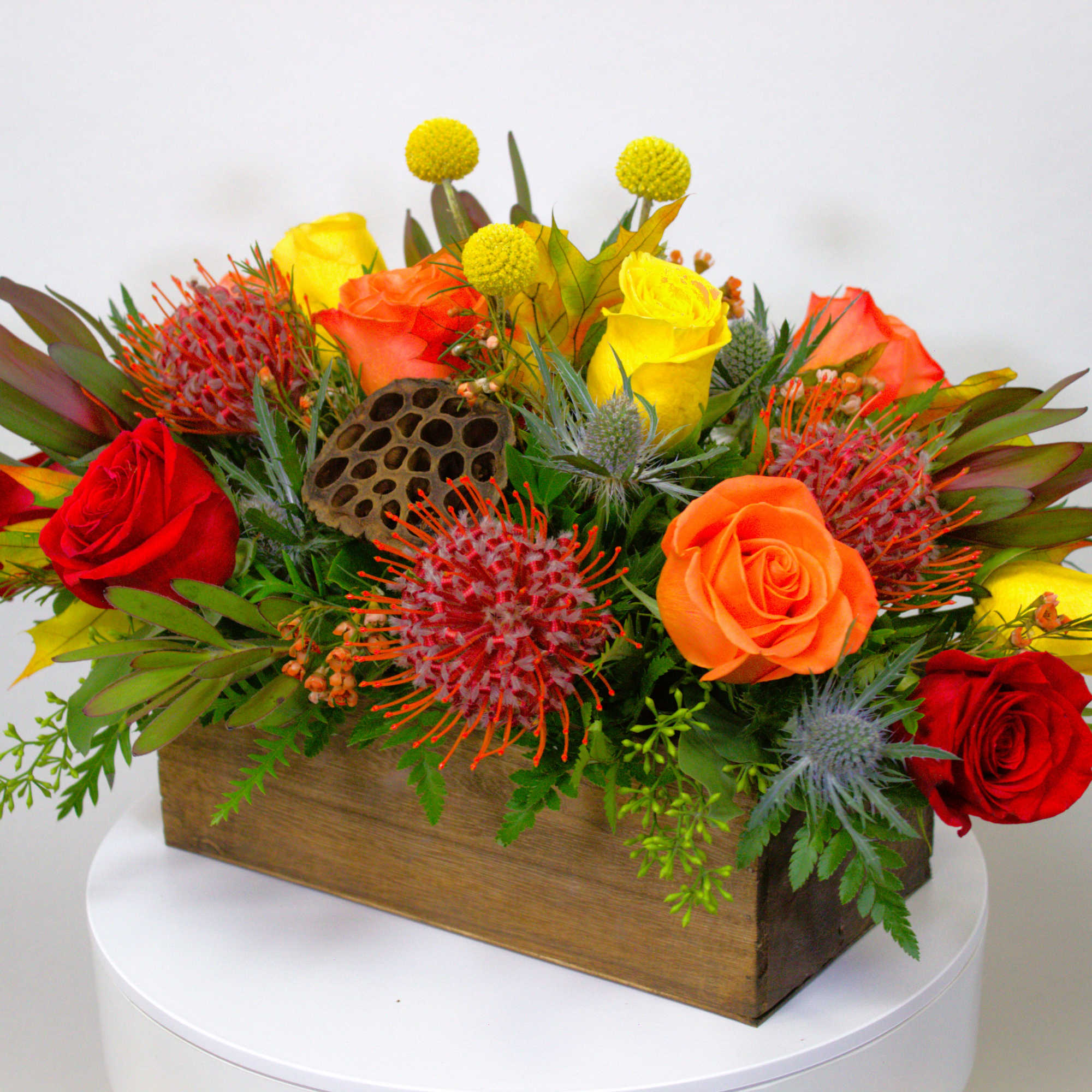 Mixed Fall Flowers in a Rectangle Wooden Box., photo 3 of 3