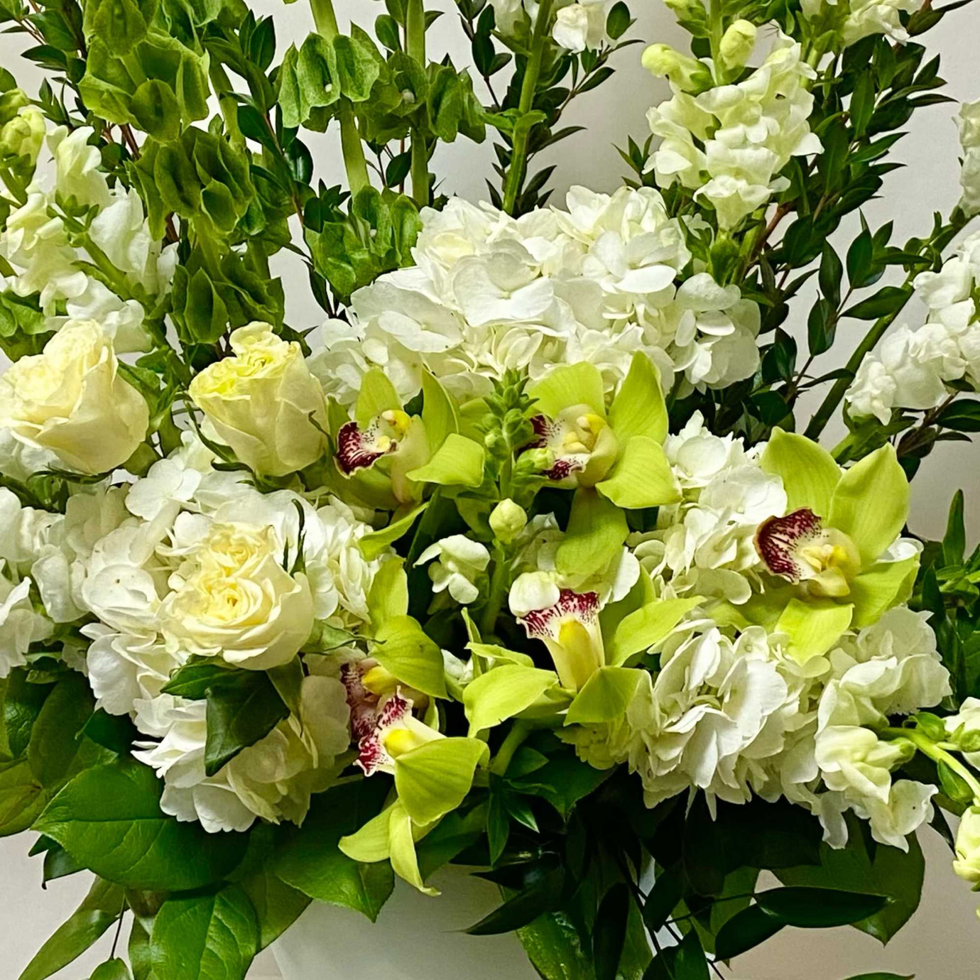 Bouquet of white hydrangeas, cream roses, and green orchids