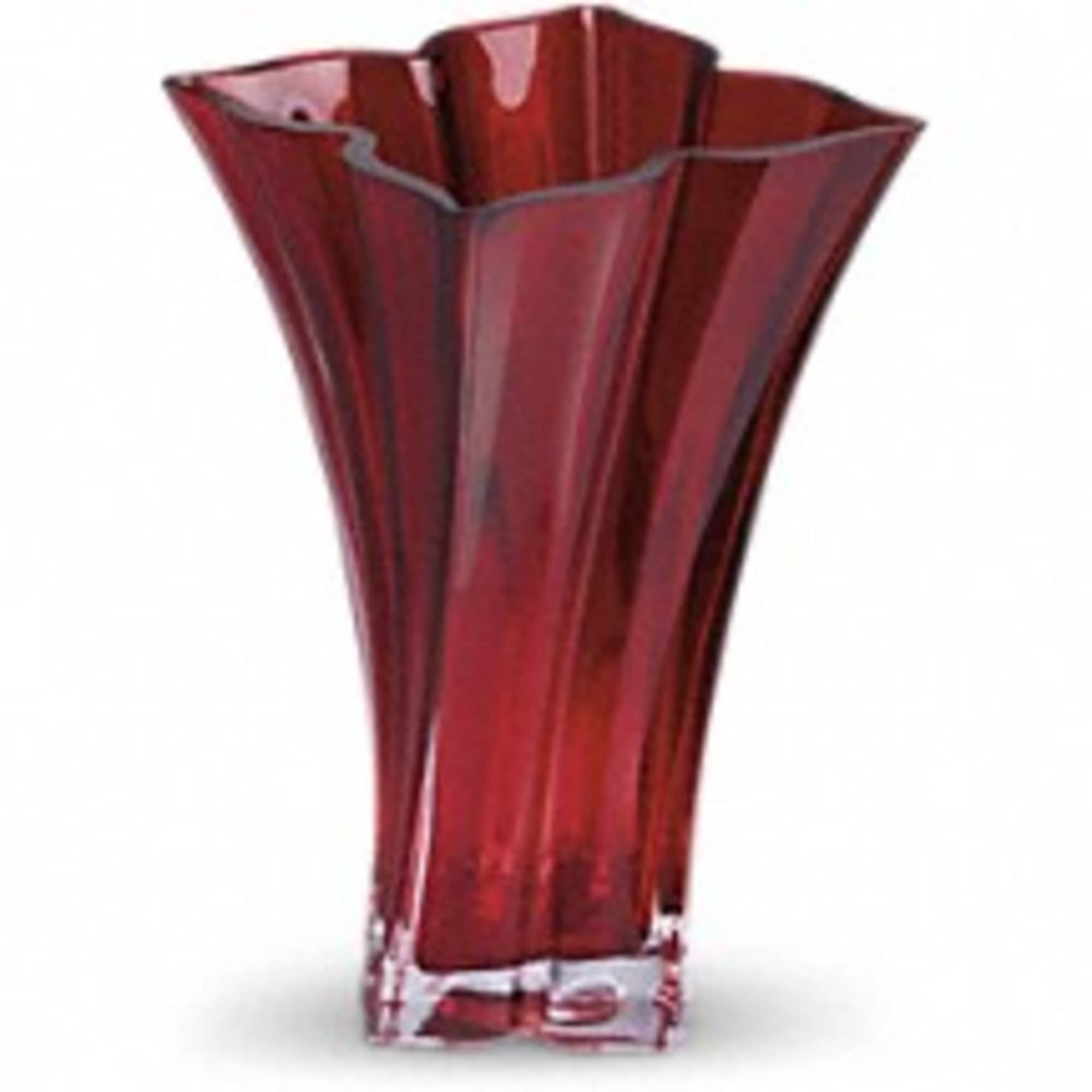 Tall red glass vase with a flared, faceted shape
