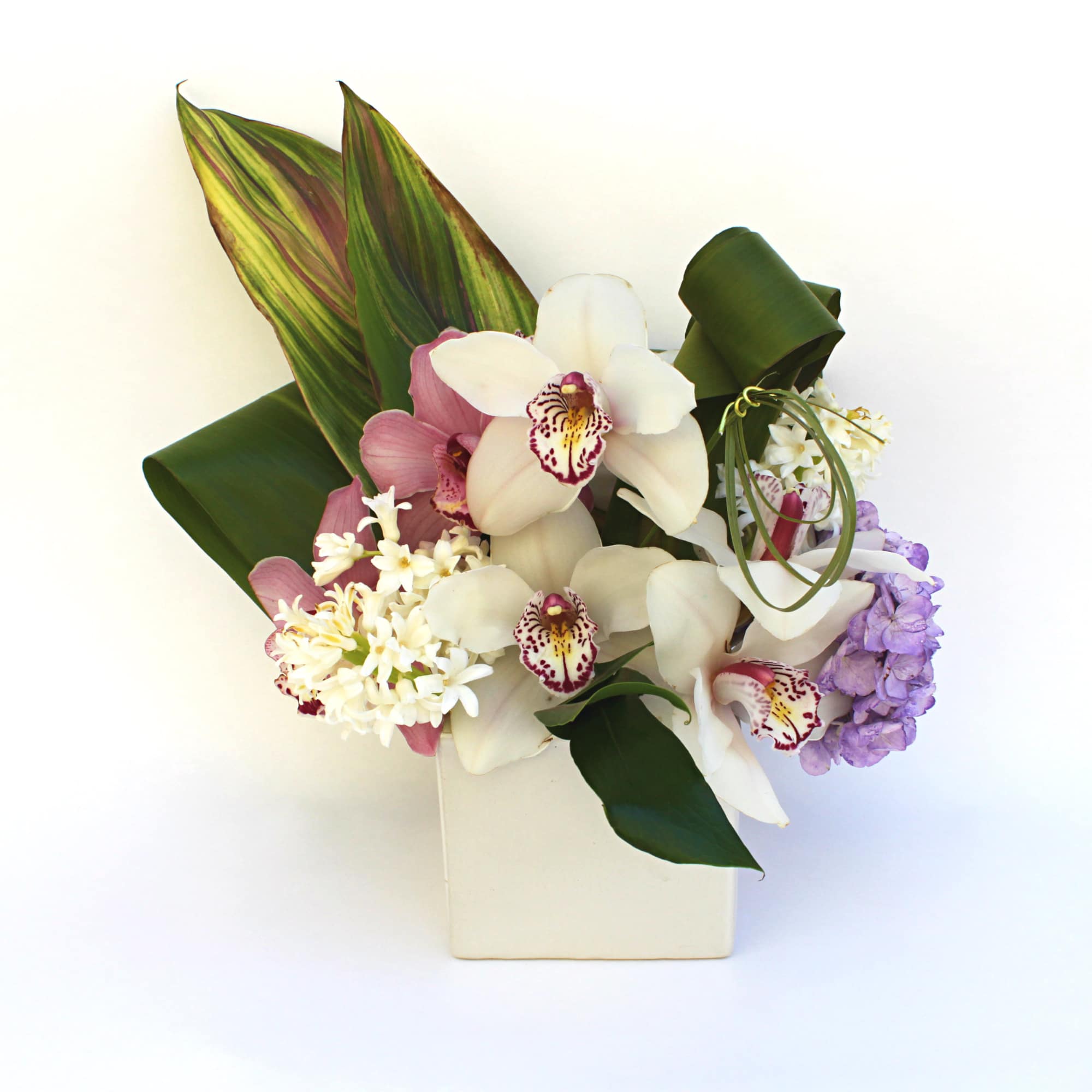 Orchid arrangement in a white square vase with pink and white blooms