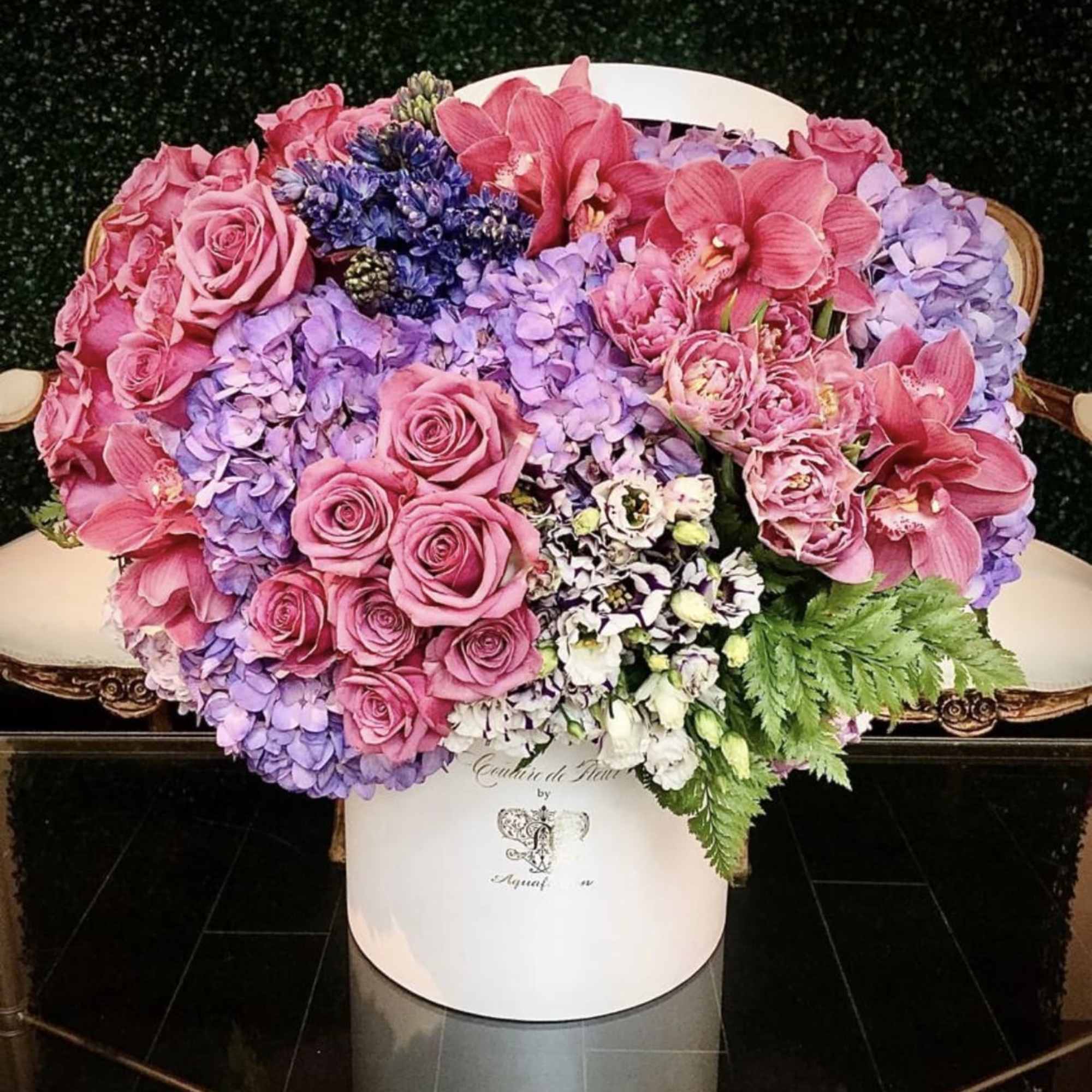 Large pink and lavender floral arrangement in a white hatbox, photo 3 of 3