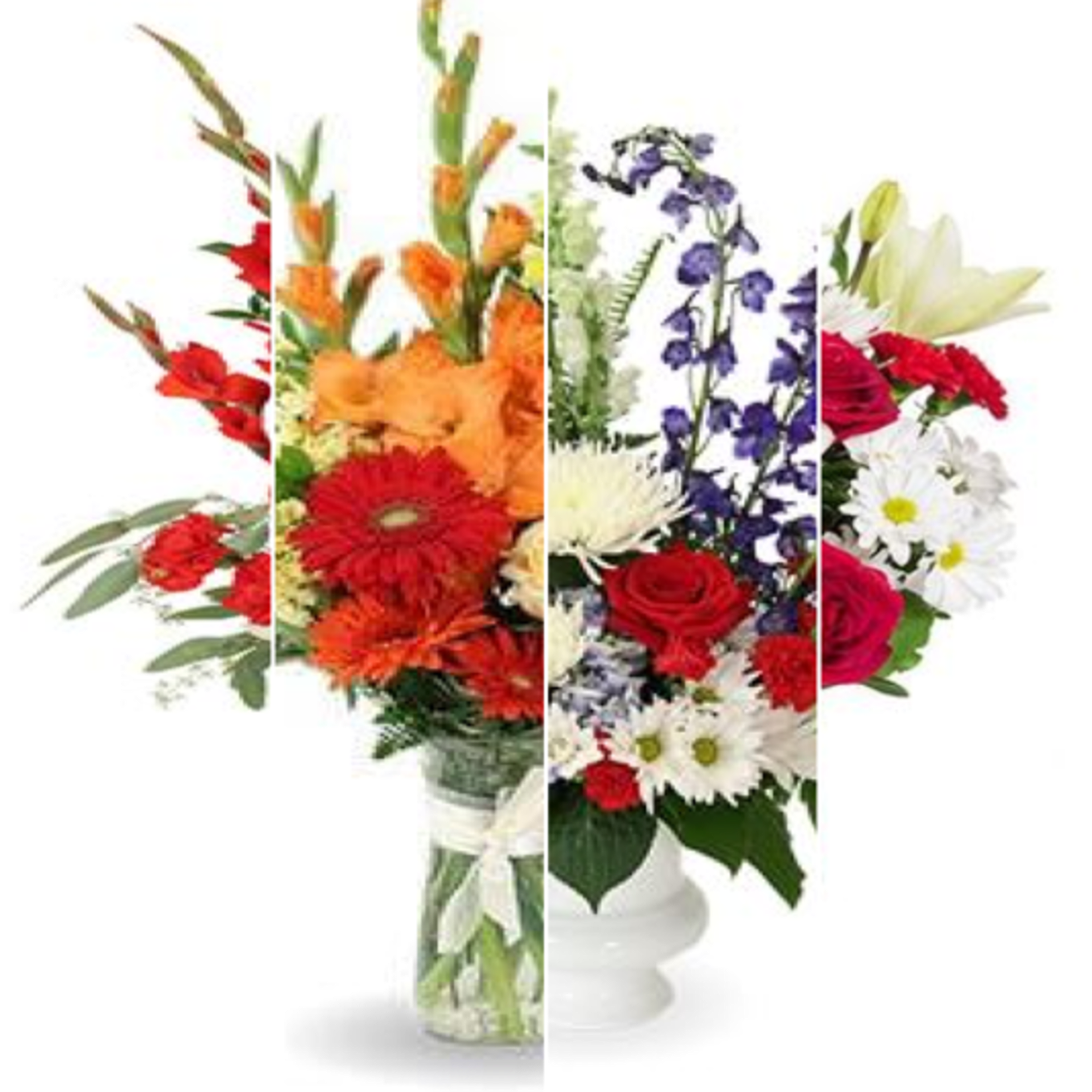 Mixed bouquet of red, orange, purple, and white flowers in a vase
