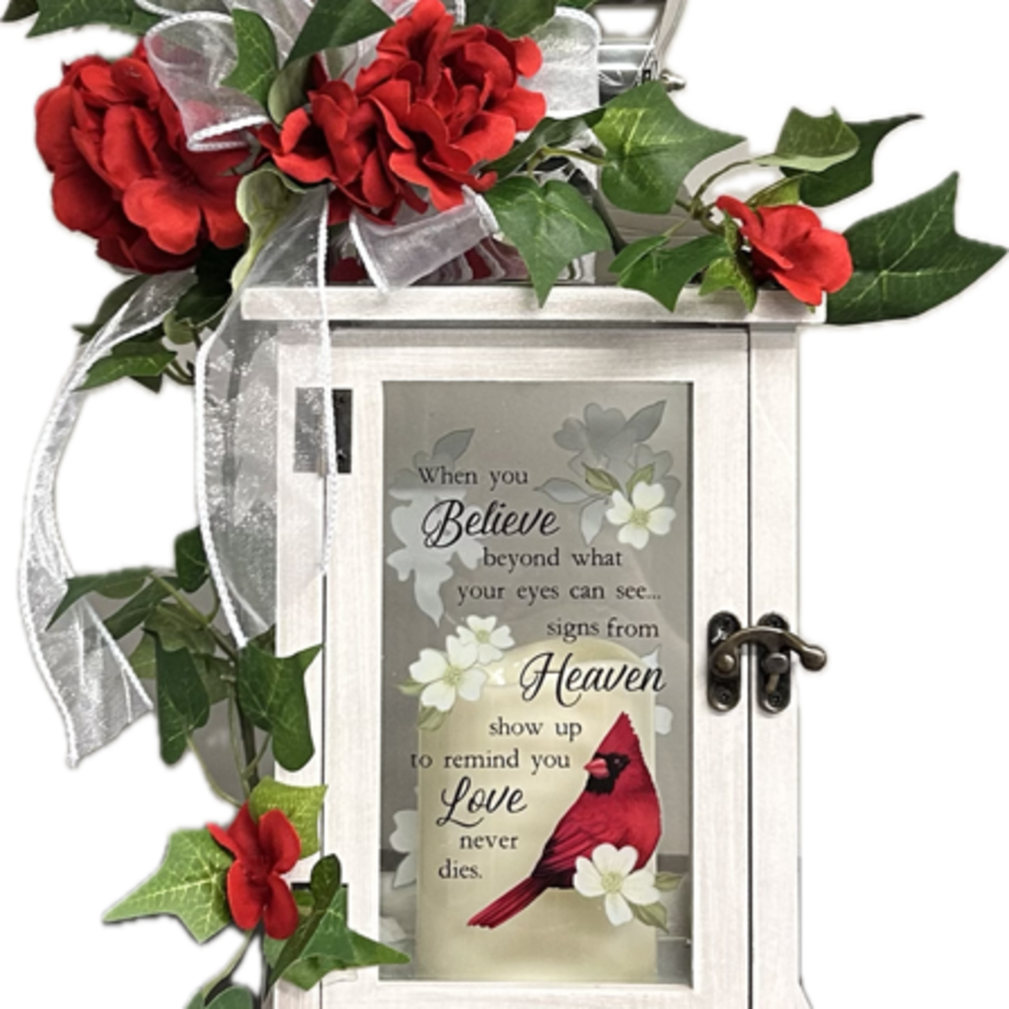 White lantern with red flowers and a sympathy message