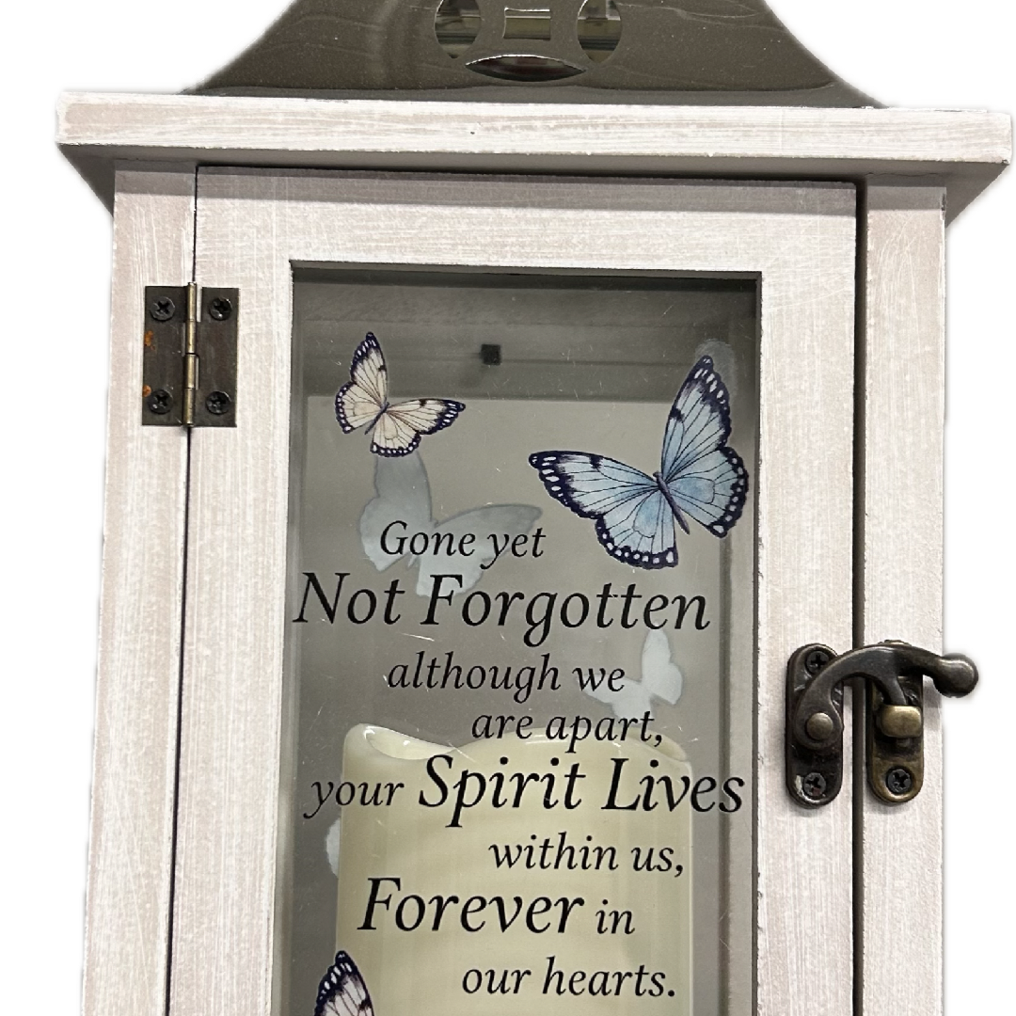 Wood with metal top lantern with an LED lighted candle. Ivy and