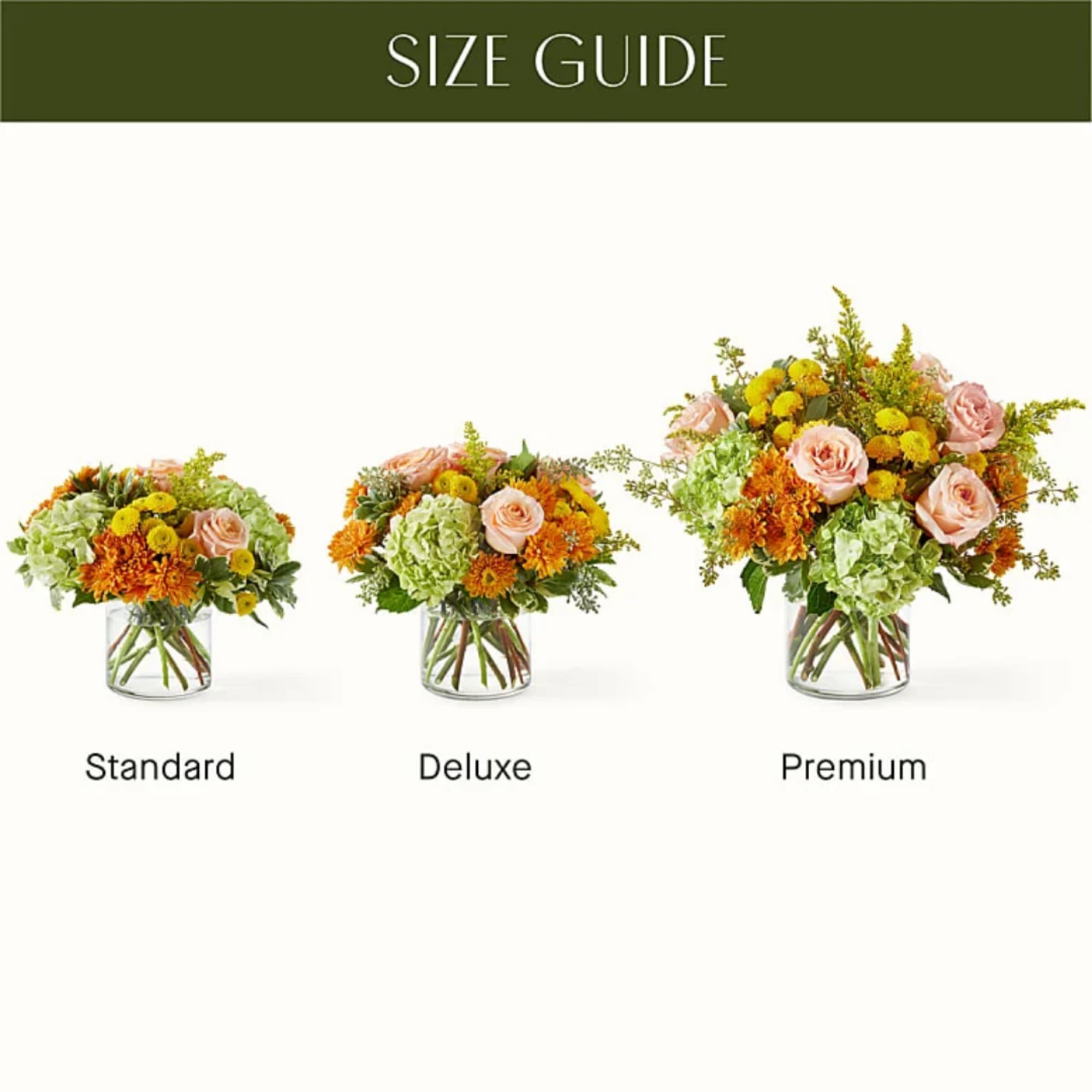 Three mixed flower arrangements in glass vases labeled standard, deluxe, and premium