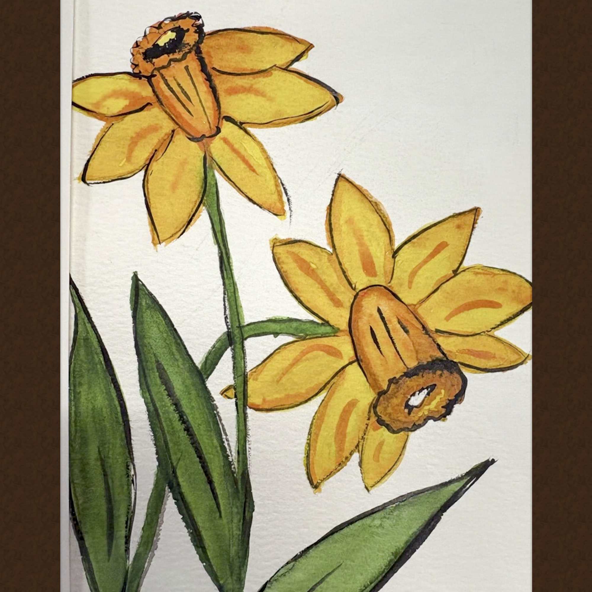 Hand-painted yellow daffodils with green leaves on white paper