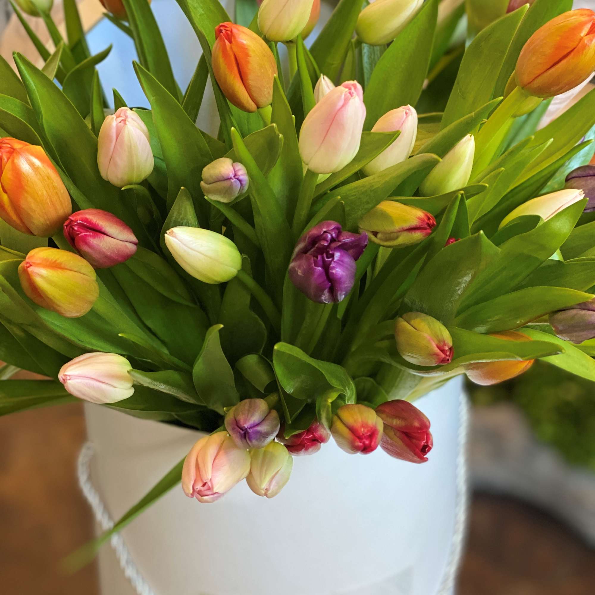 Bouquet of multicolored tulips in a white hatbox