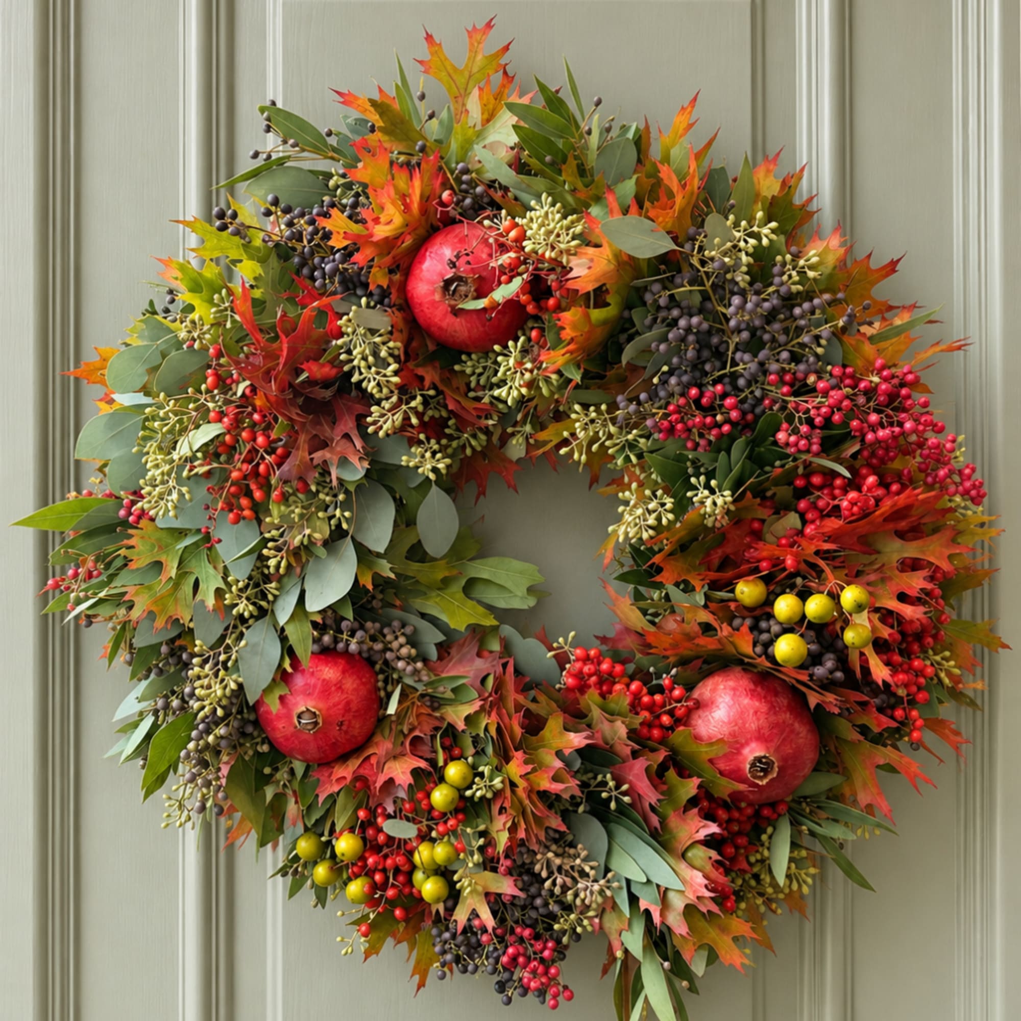 Autumn wreath with pomegranates, berries, and colorful leaves