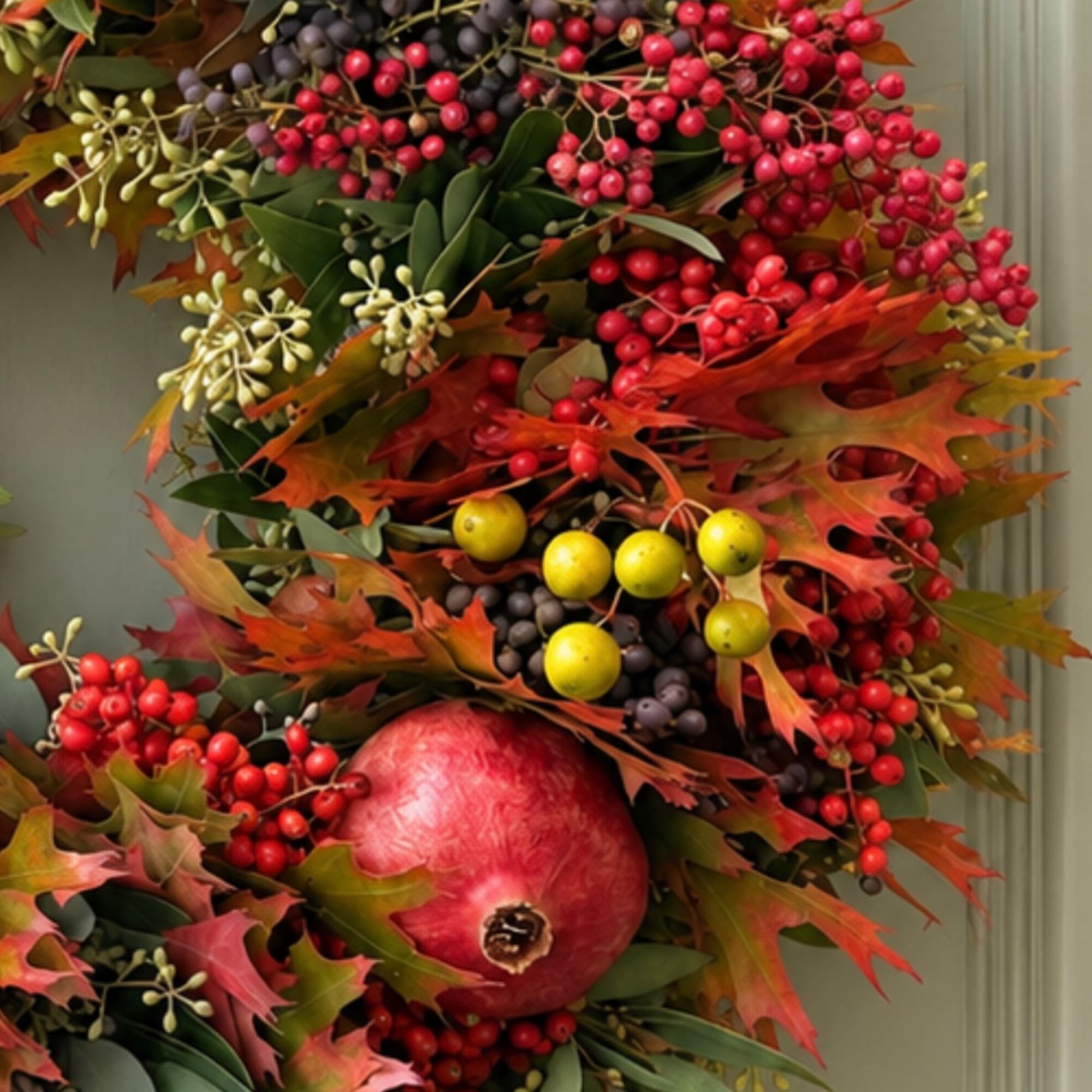 Autumn wreath with red berries, oak leaves, and a pomegranate