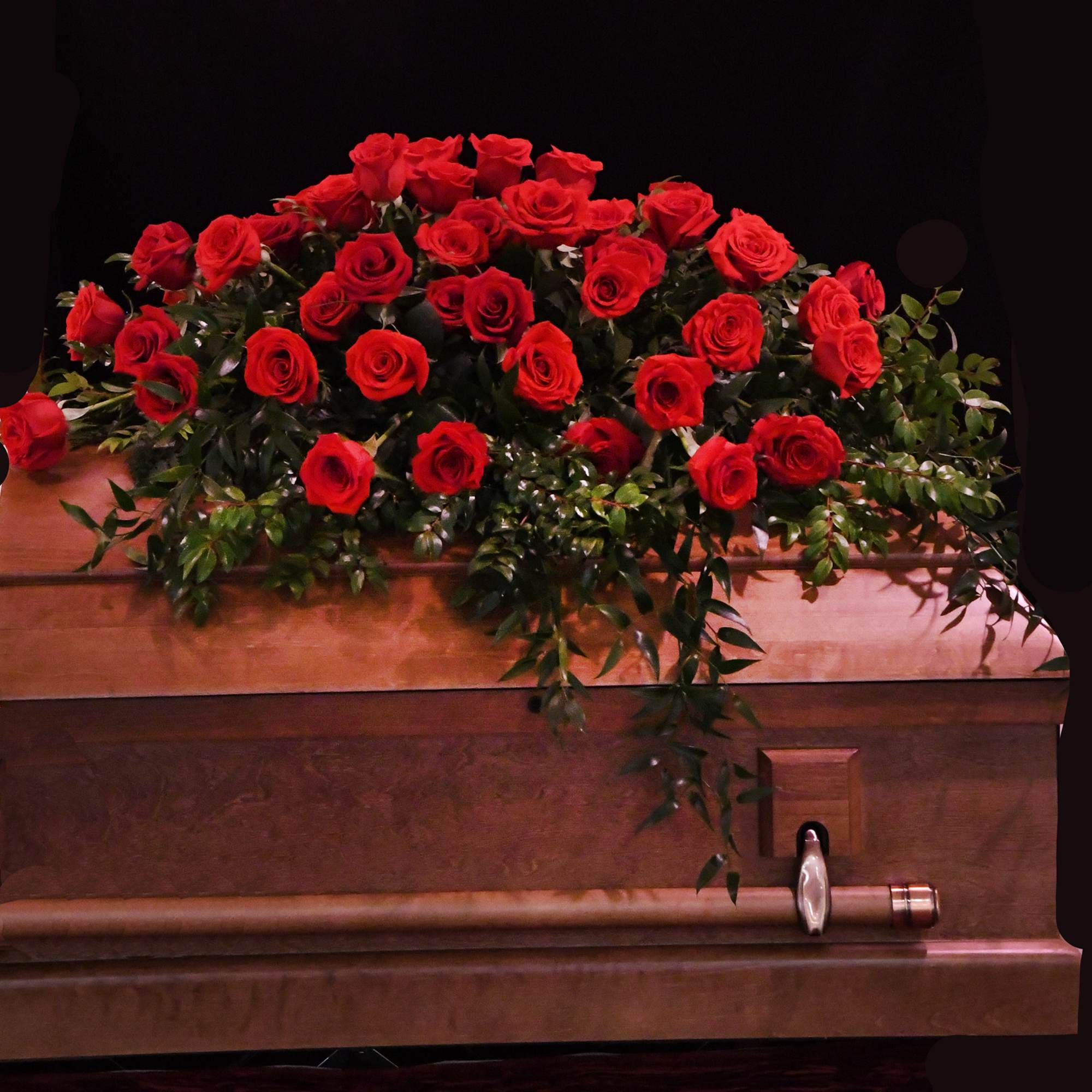 Beautiful and elegant casket arrangement of roses and lush greenery (available in, photo 2 of 2