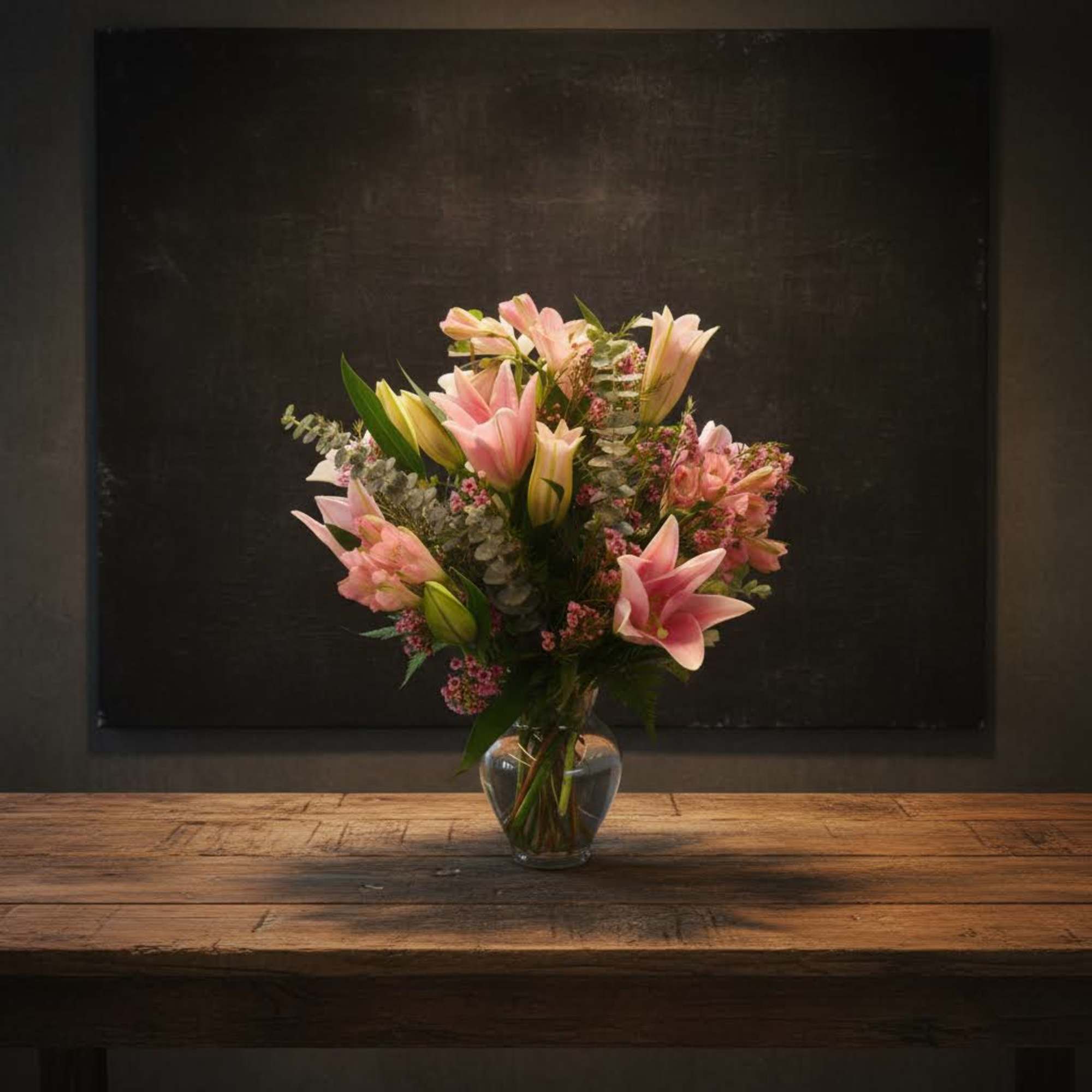 Pink lilies and small pink flowers arranged in a clear glass vase, photo 2 of 3