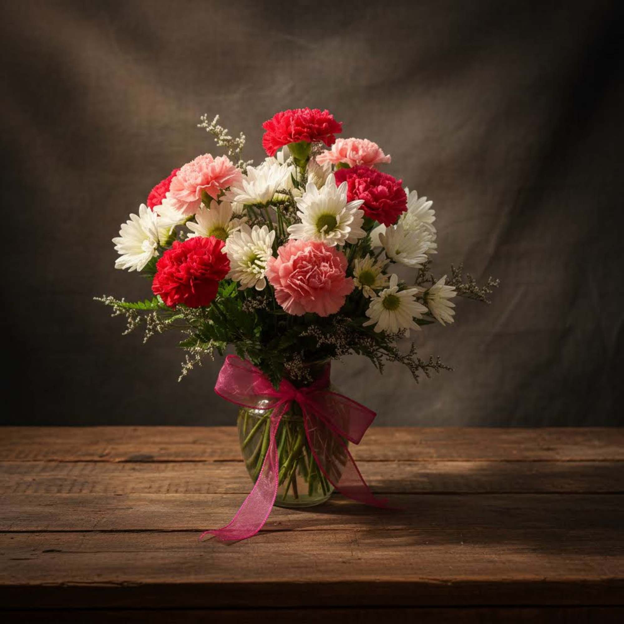 Bouquet of pink and white carnations and daisies in a glass vase with a pink ribbon