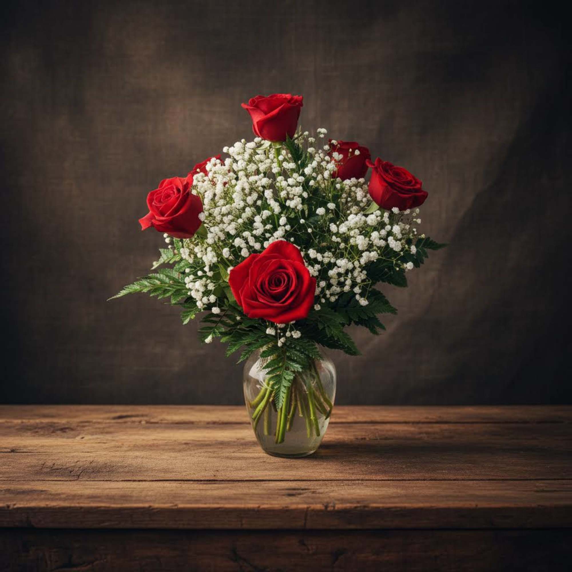 Red roses arranged in a clear glass vase with white baby's breath