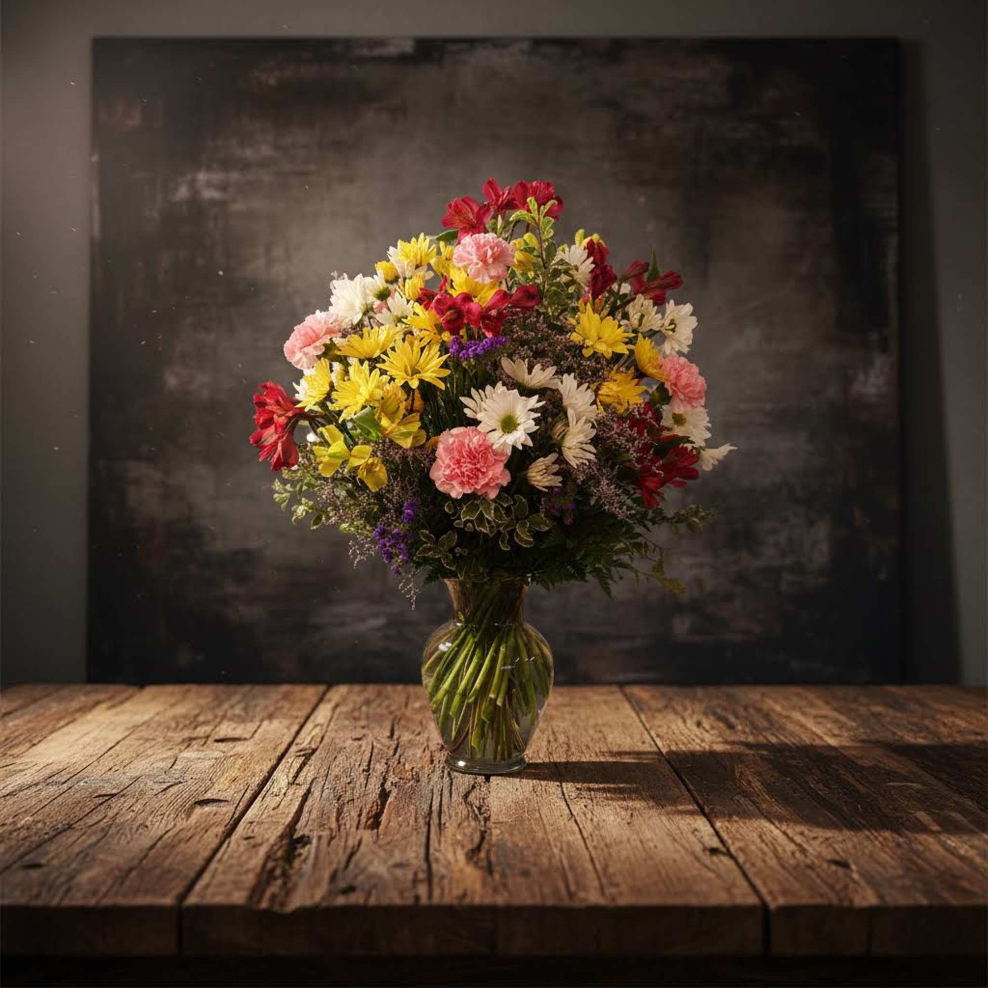 Mixed bouquet of daisies, carnations, and alstroemeria in a glass vase, photo 2 of 2