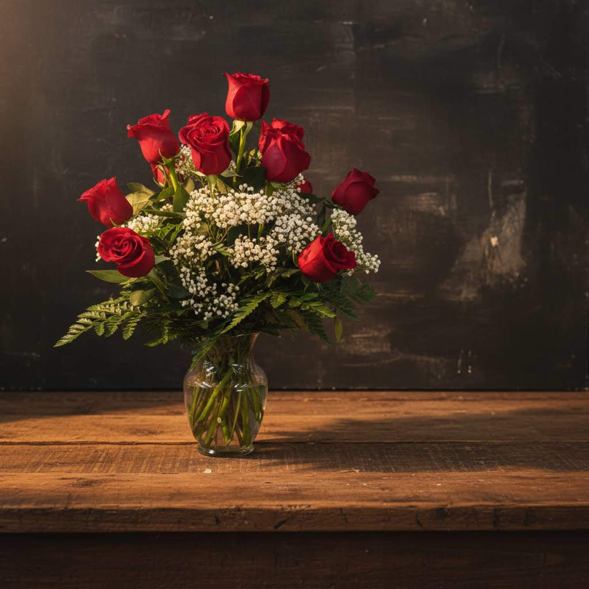 Red roses arranged in a clear glass vase with white filler flowers, photo 2 of 3