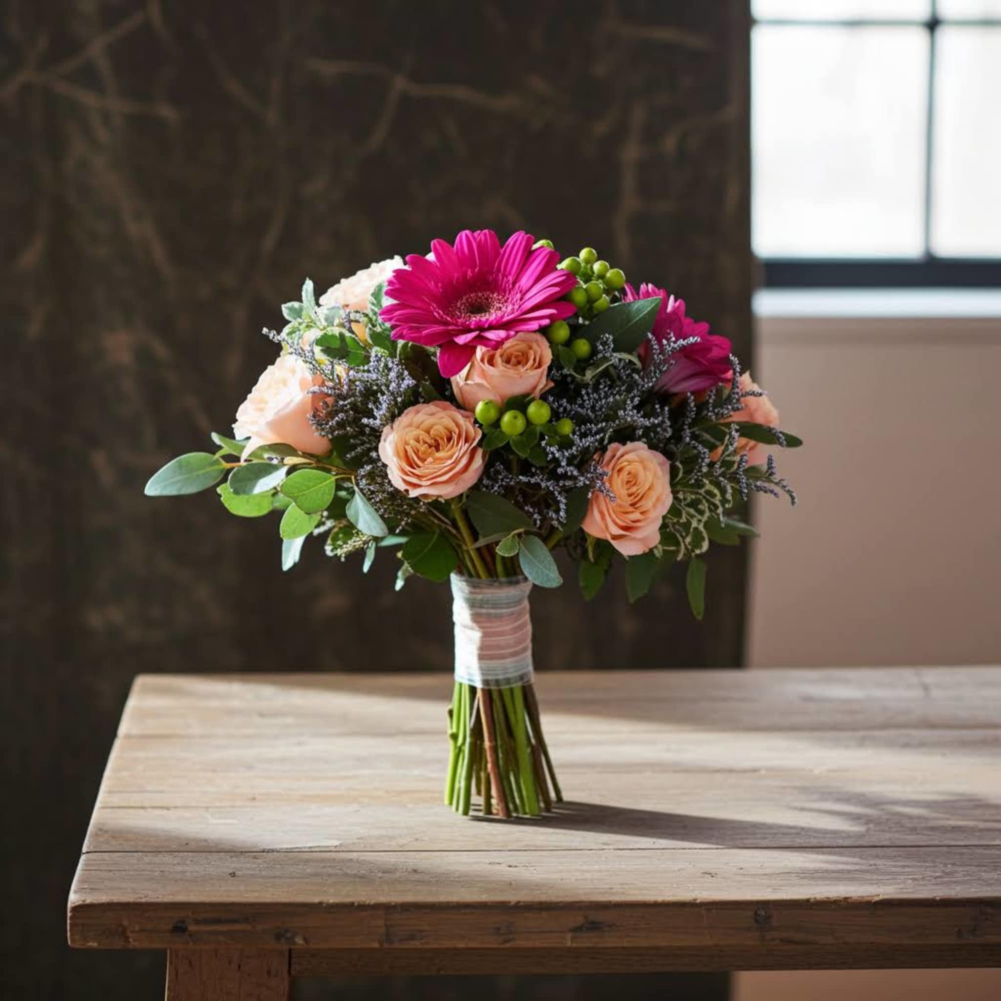 Hand tied bouquet of Gerber daisies and roses., photo 2 of 4